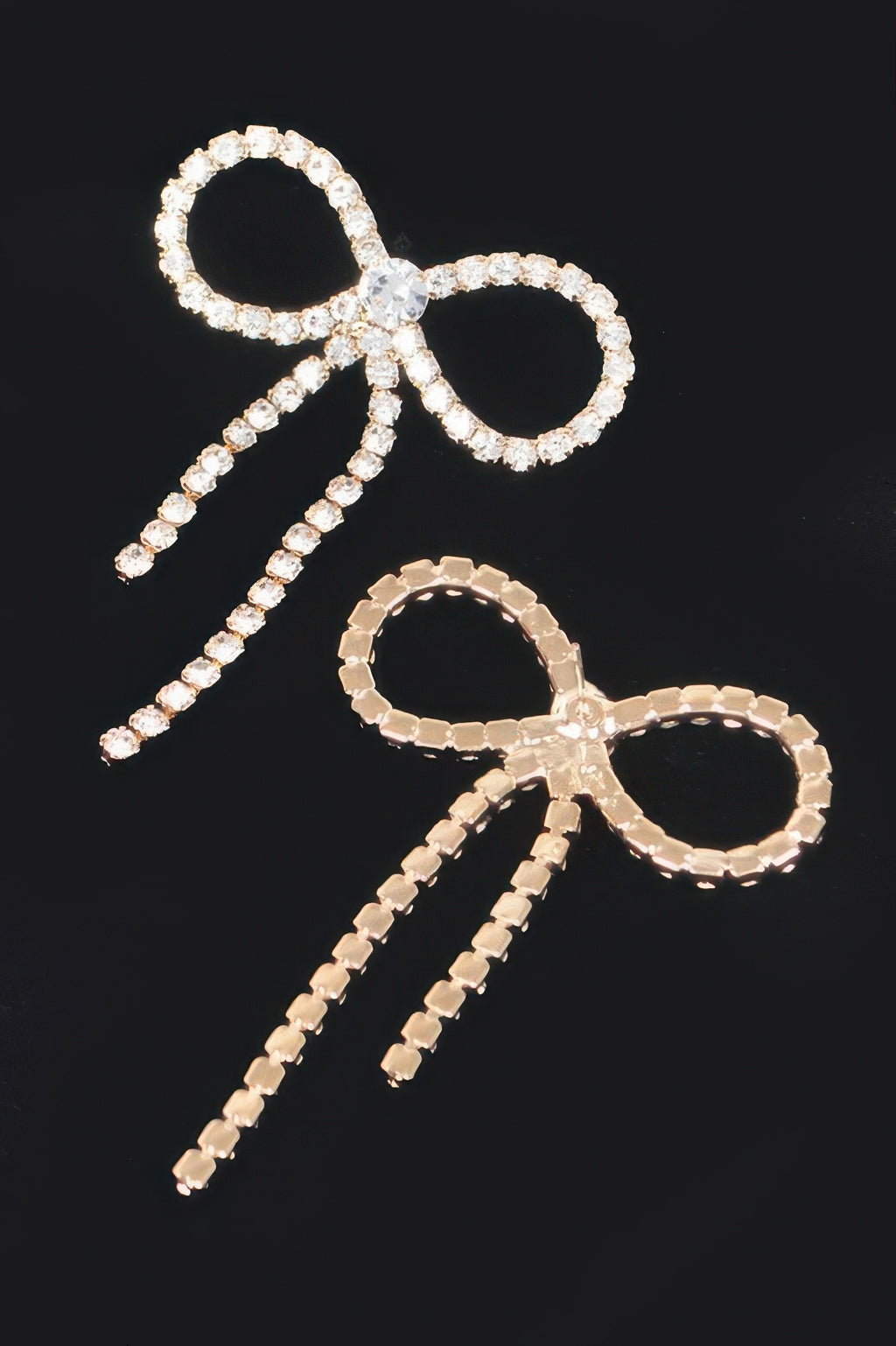 Rhinestone ribbon earrings with oval hoop bows and dangling crystal tassels