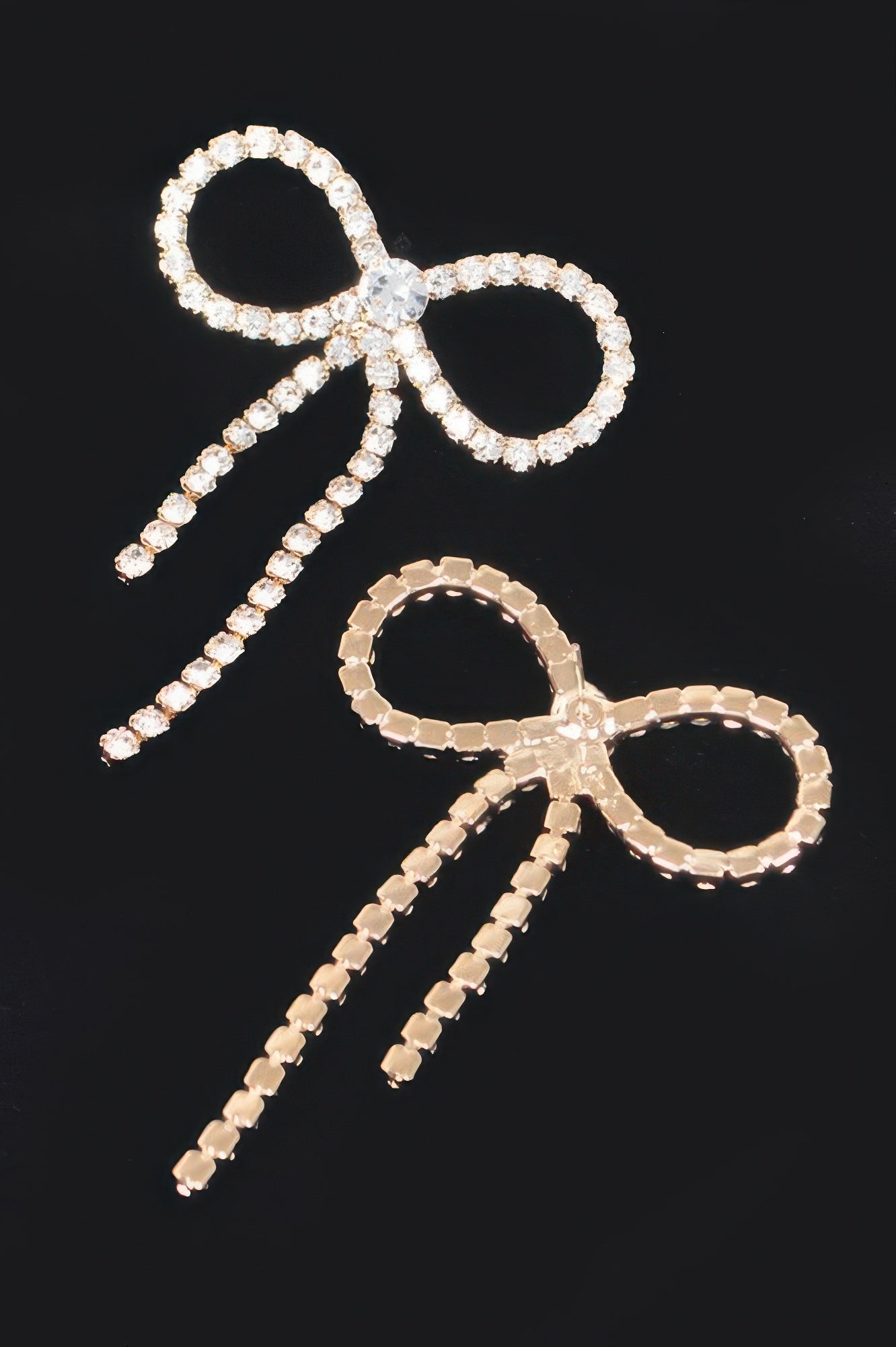 Rhinestone ribbon earrings with oval hoop bows and dangling crystal tassels