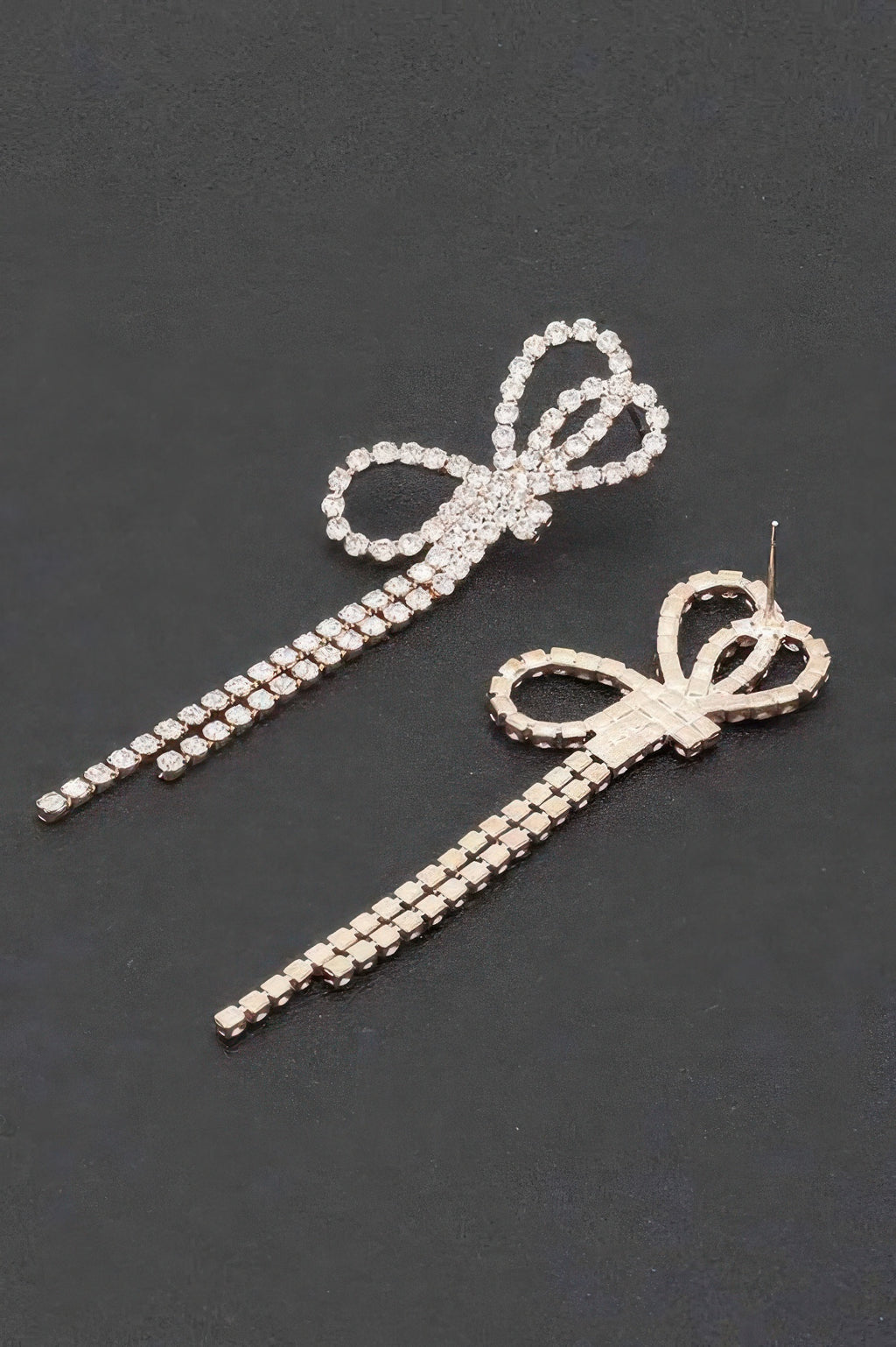 Rhinestone ribbon earrings, bow-topped ribbon drops with crystal-studded links