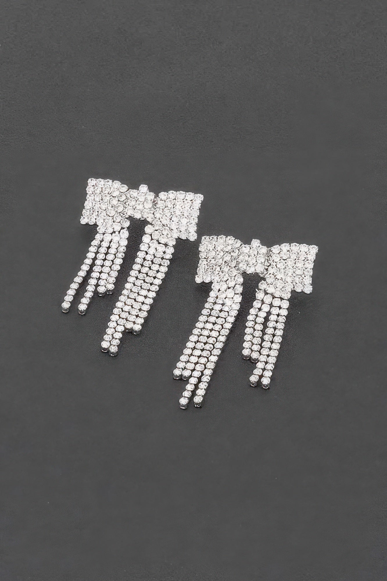 Rhinestone ribbon earrings in silver-tone, geometric ribbon with fringe rows