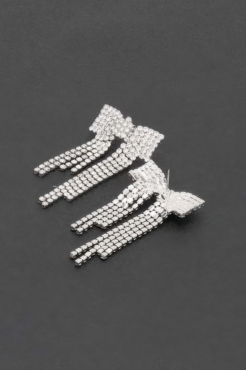 Rhinestone ribbon earrings, silver-tone with layered crystal fringe and small hoops