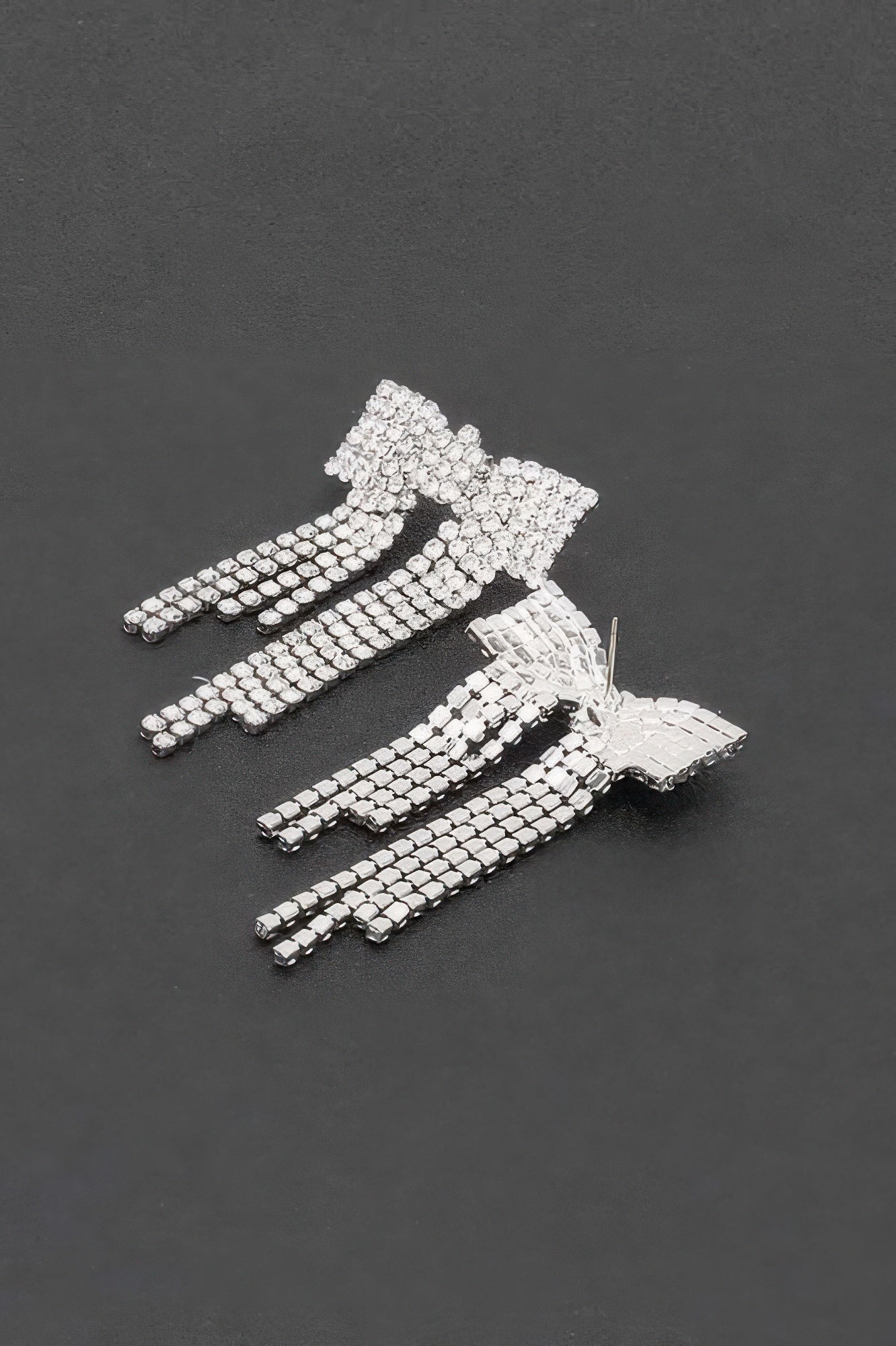 Rhinestone ribbon earrings, silver-tone with layered crystal fringe and small hoops