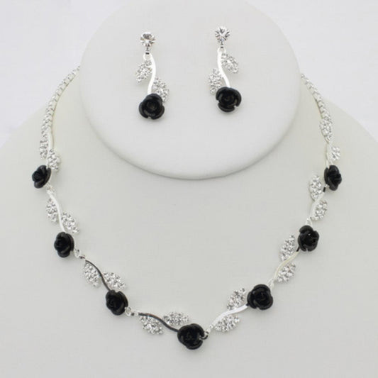 Rhinestone Rose Necklace Earring Set - Tigbul's Variety Fashion Shop