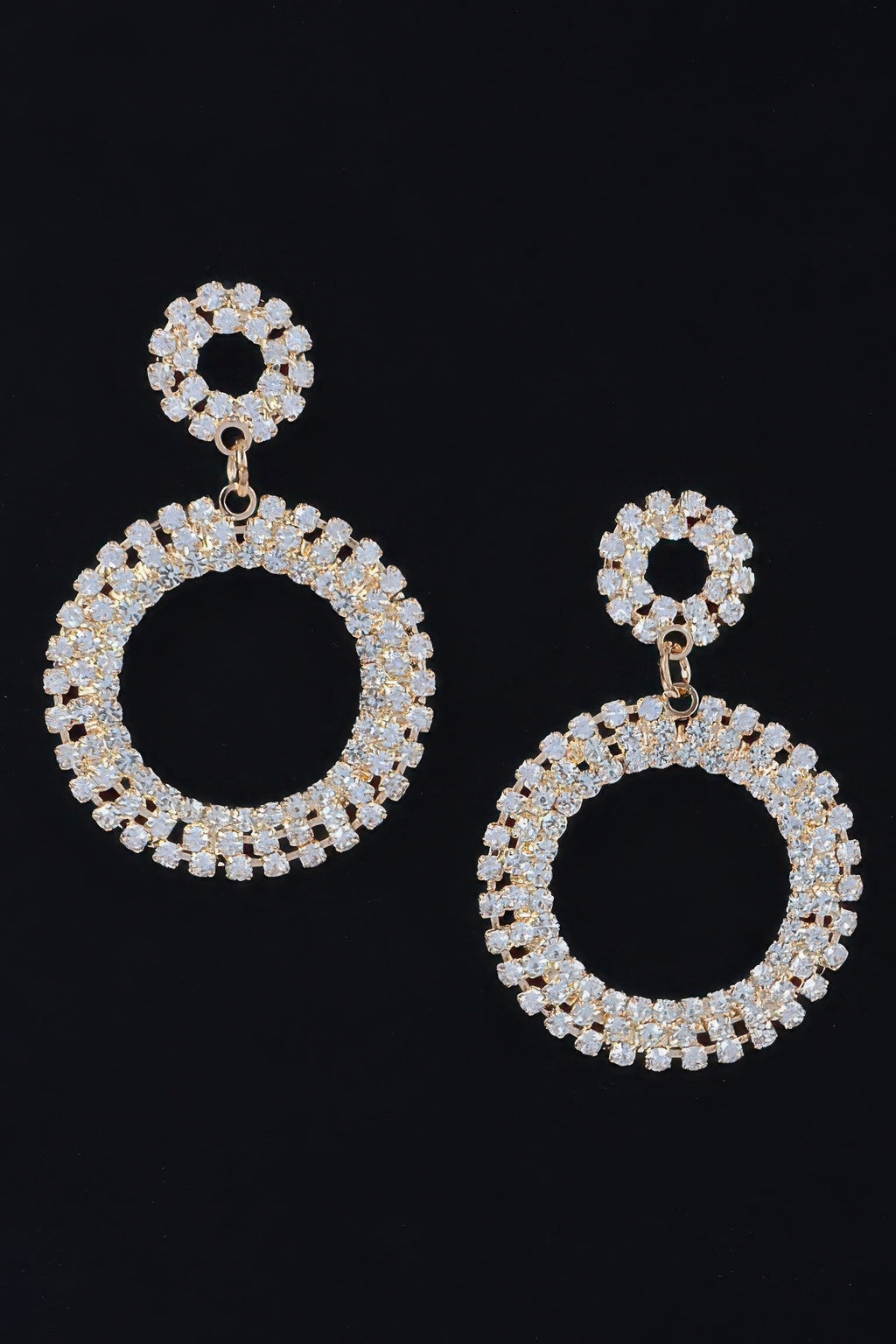 Rhinestone round drop earrings, gold-tone with clear stones and black center