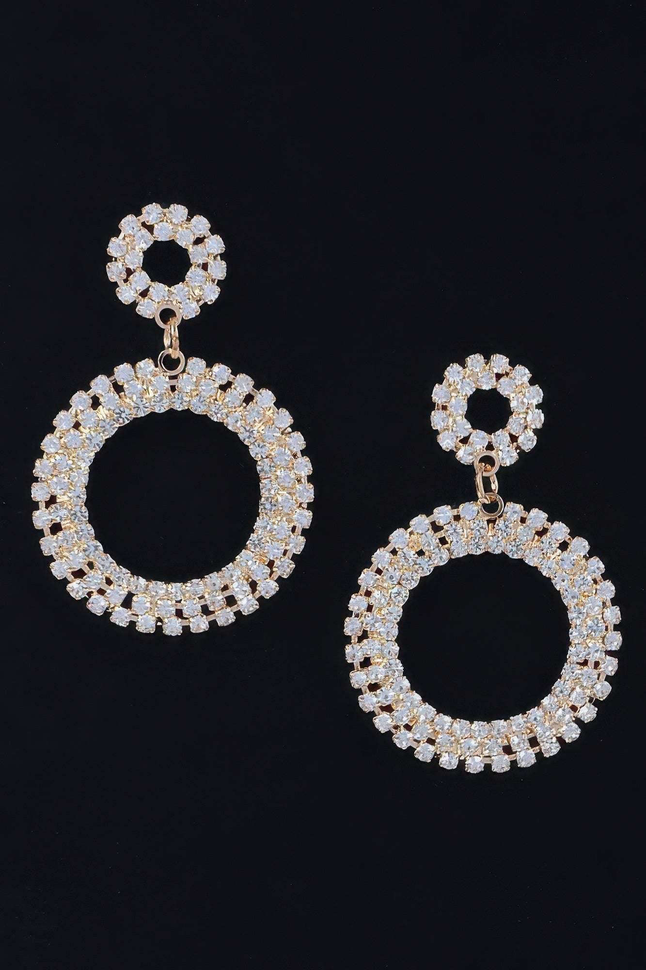 Rhinestone round drop earrings, gold-tone with clear stones and black center