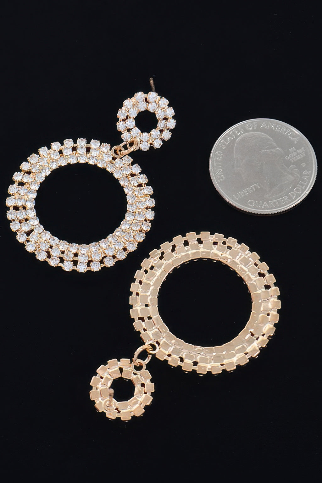 Gold-tone rhinestone circle dangle earrings with small hoop drop