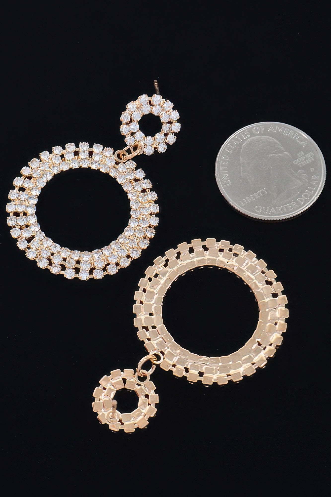 Gold-tone rhinestone circle dangle earrings with small hoop drop