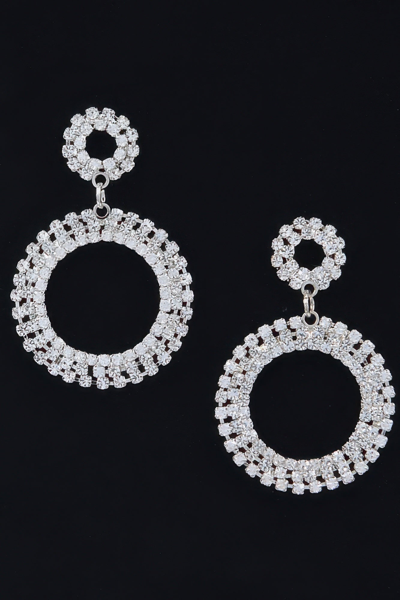 Silver-tone rhinestone round circle dangle earrings with black center circles