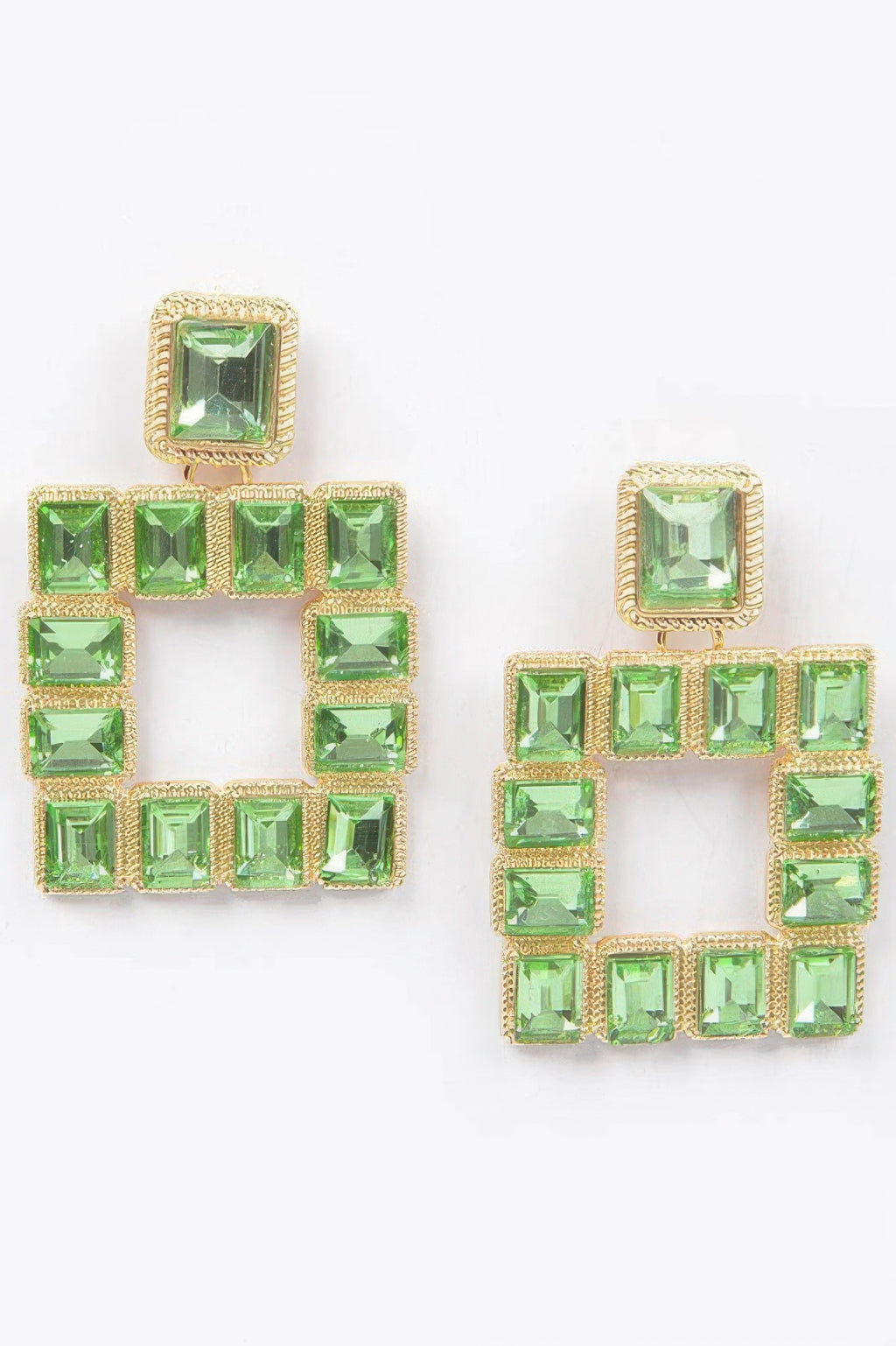 Green square rhinestone earrings with gold-tone frames, square cutout center