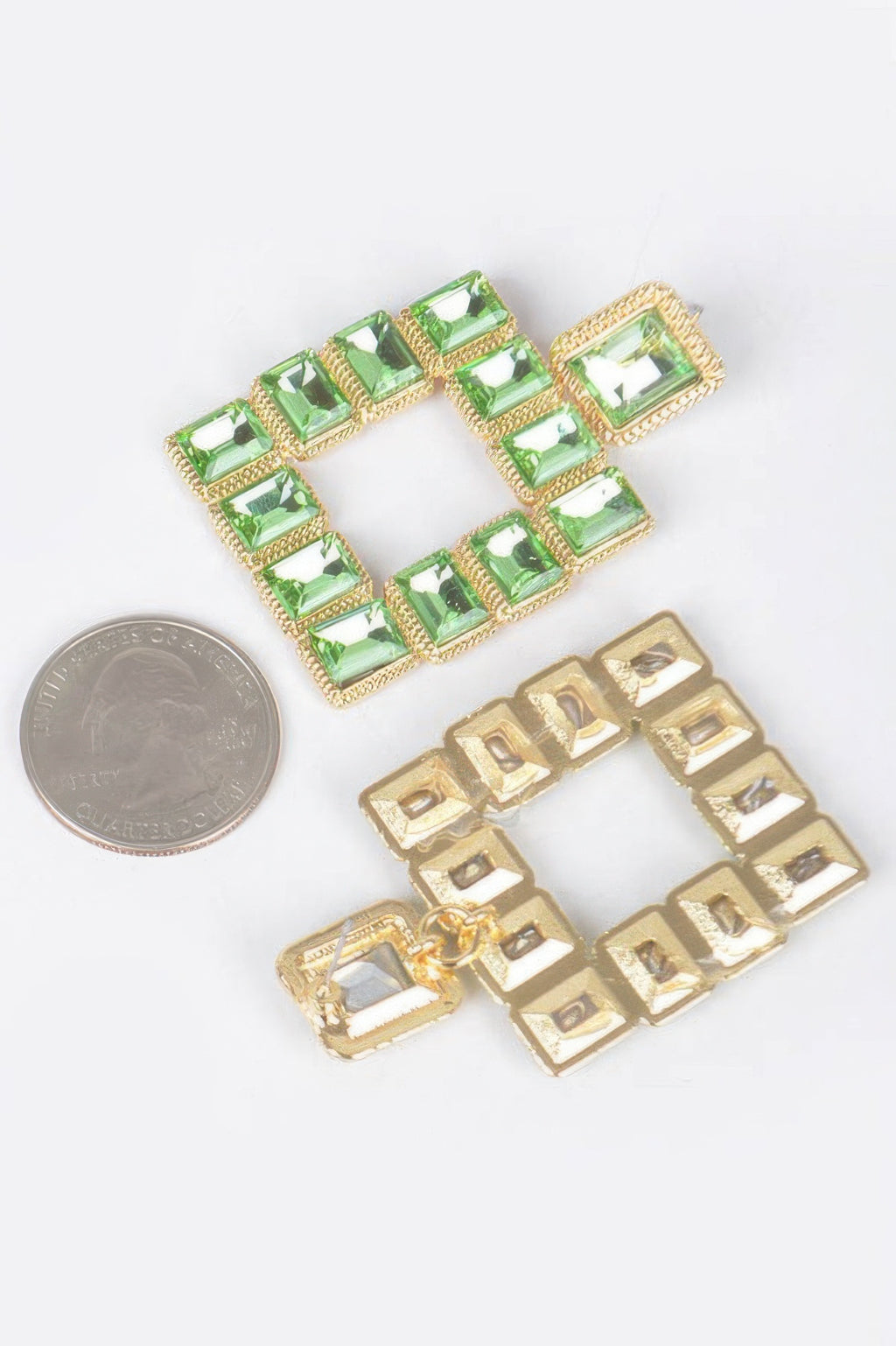 Apple green square rhinestone earrings, gold-tone settings, open square center