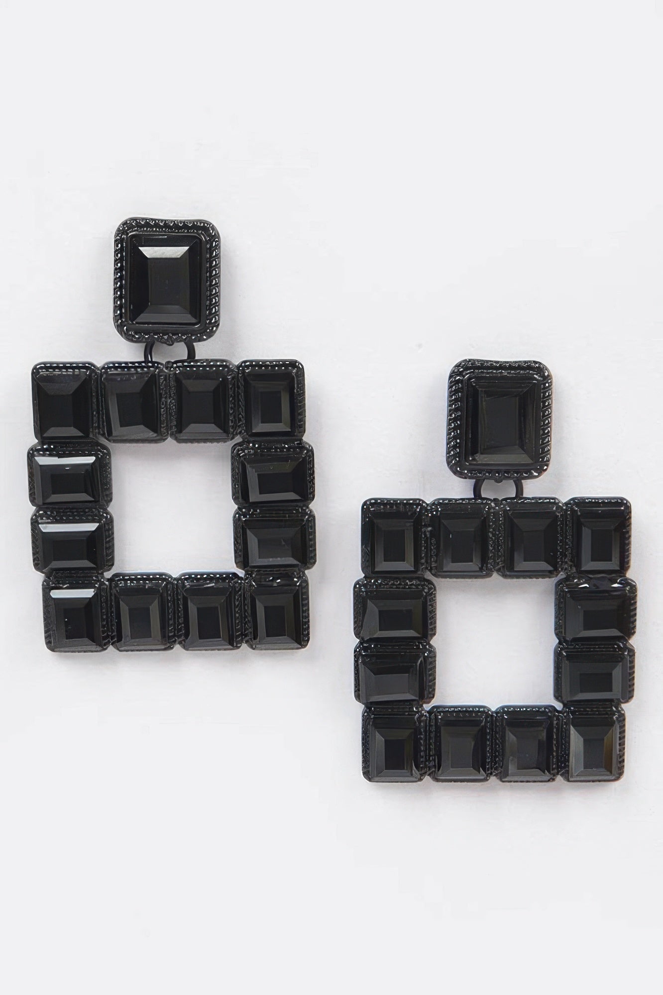 Black square rhinestone earrings with dark settings, open square frame shape
