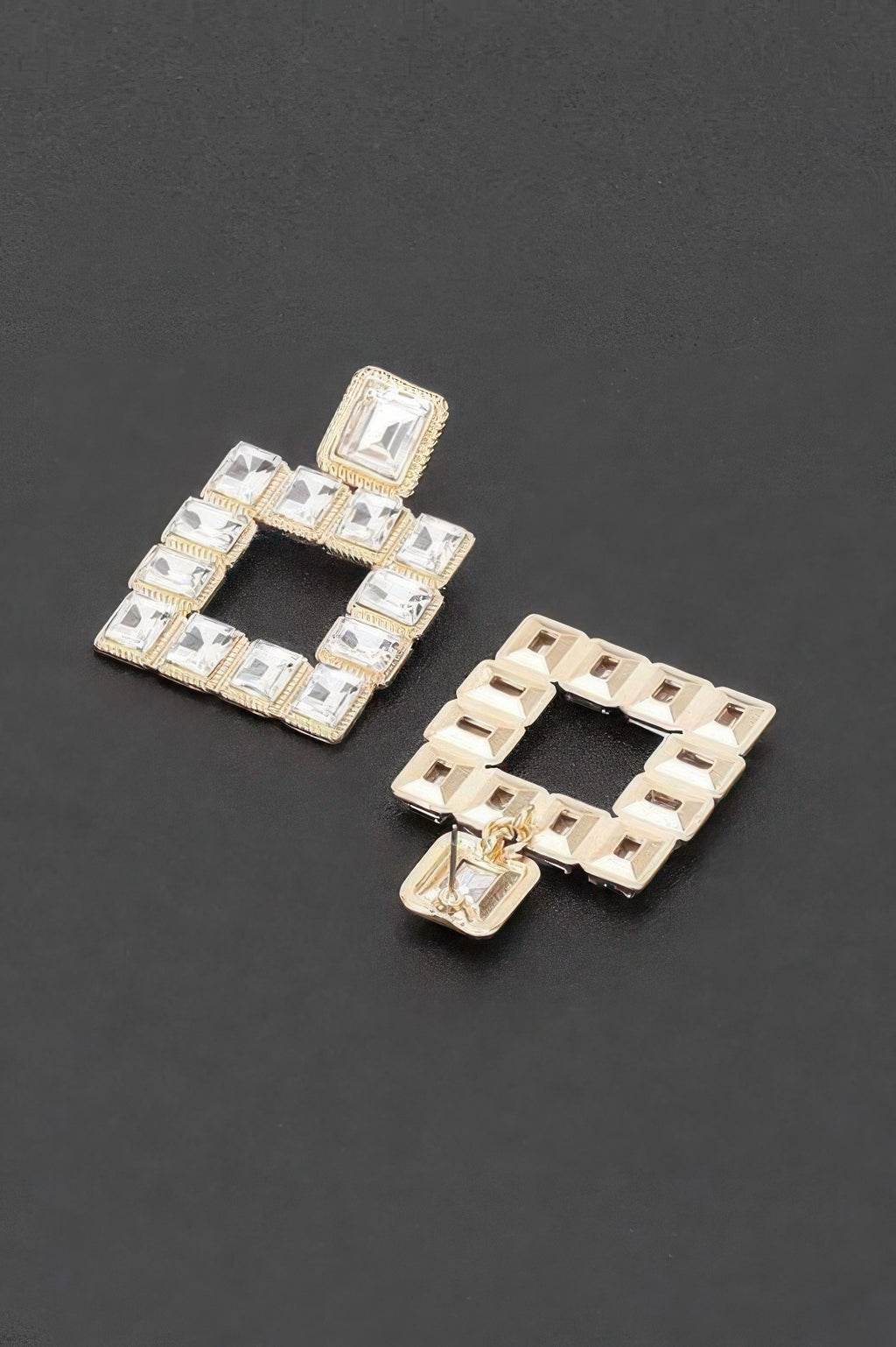 Clear square rhinestone earrings with gold-tone settings, open square frame