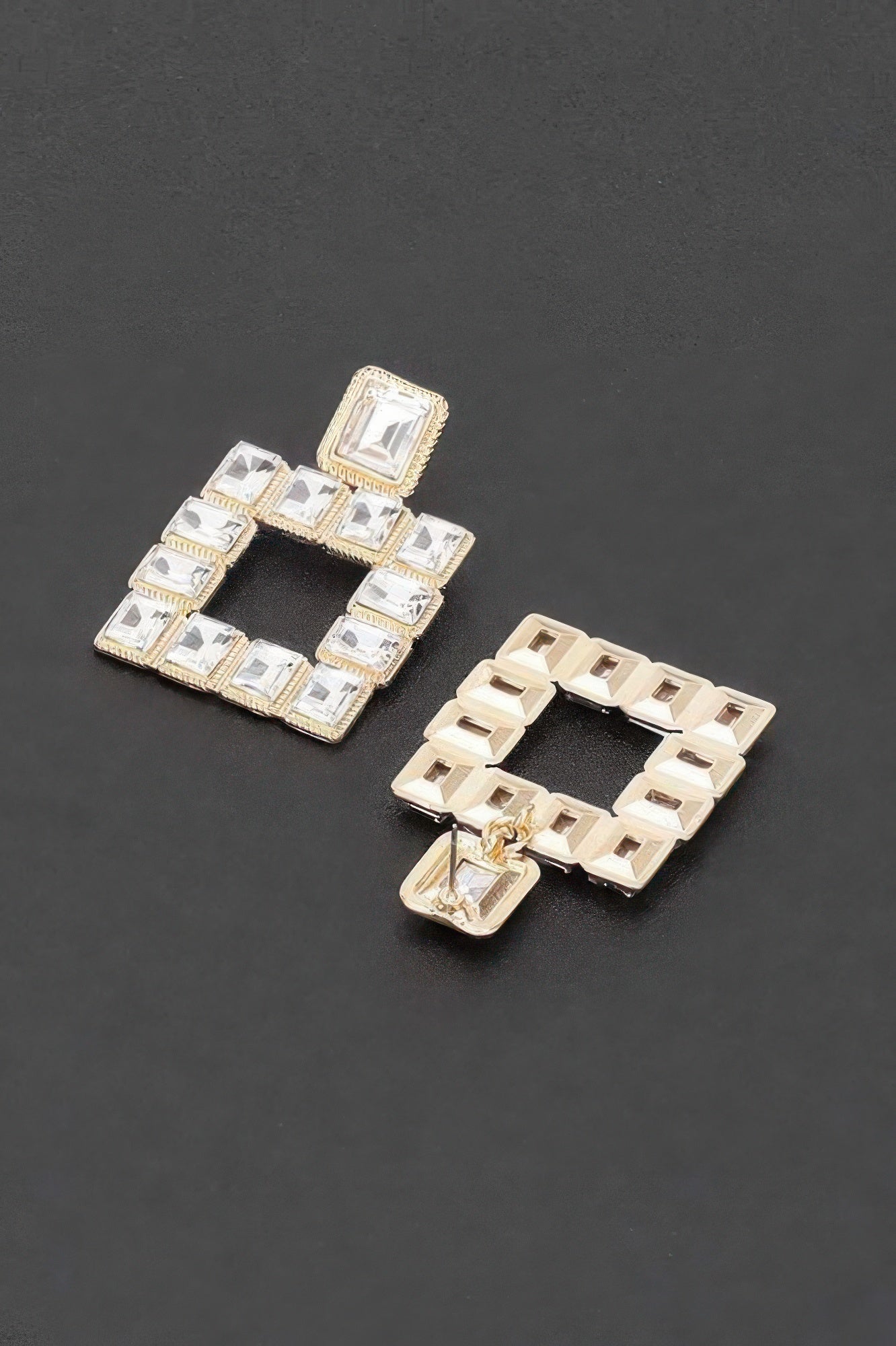 Clear square rhinestone earrings with gold-tone settings, open square frame