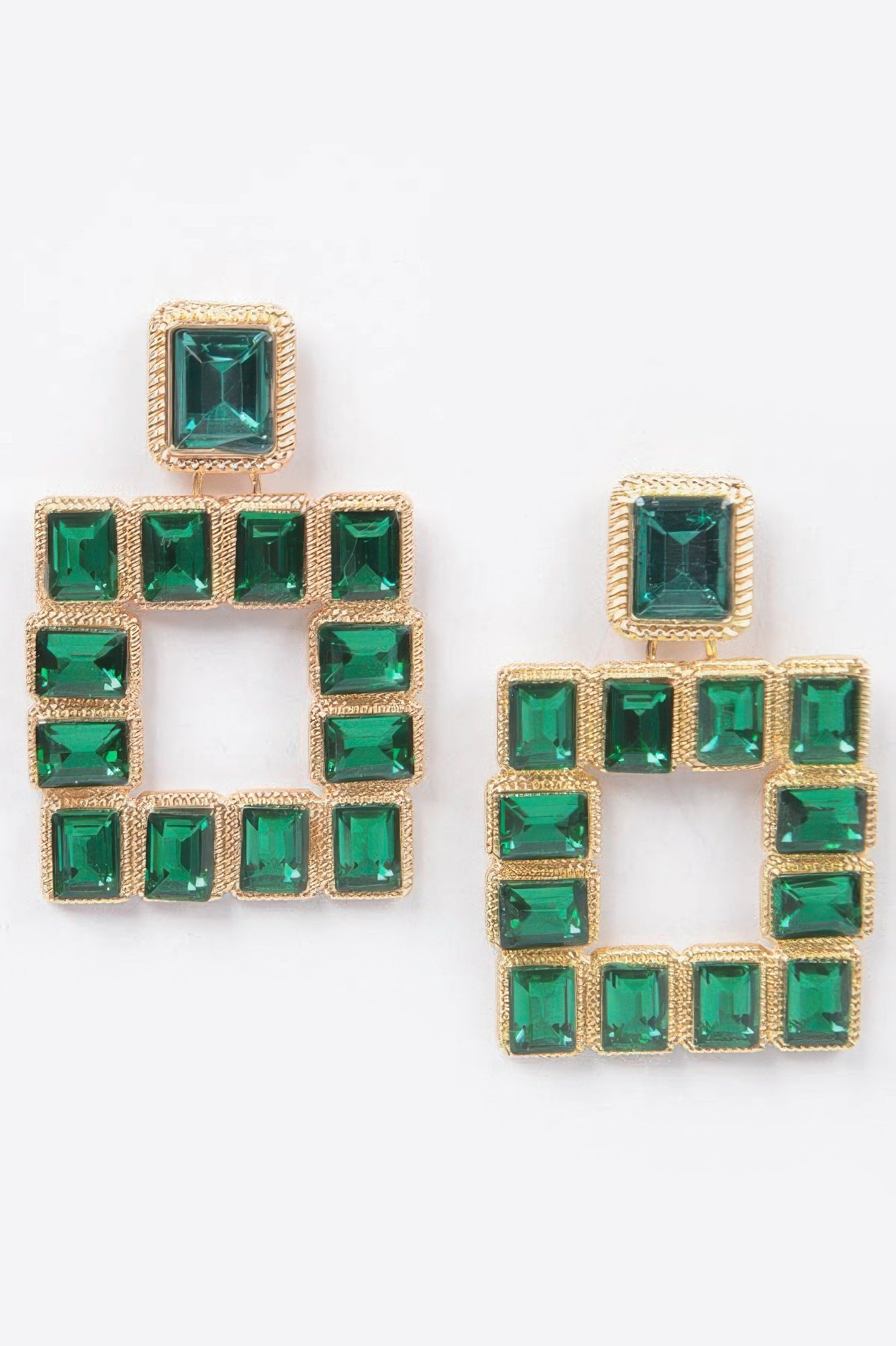 Emerald green square rhinestone earrings, gold-tone bezel, open square cutout