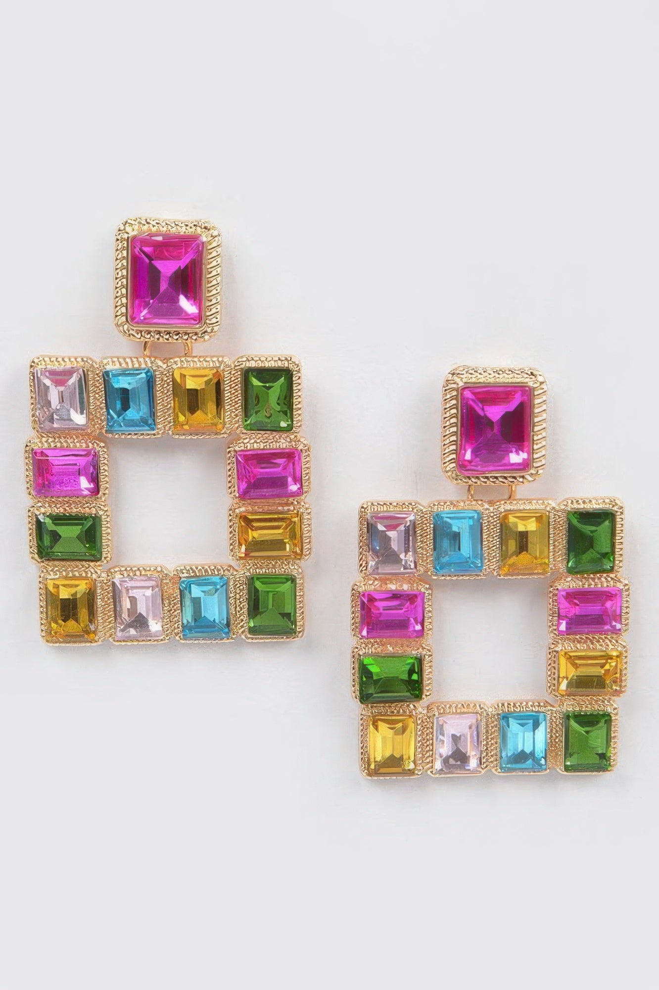 Multicolor square rhinestone earrings with gold-tone settings and open square center