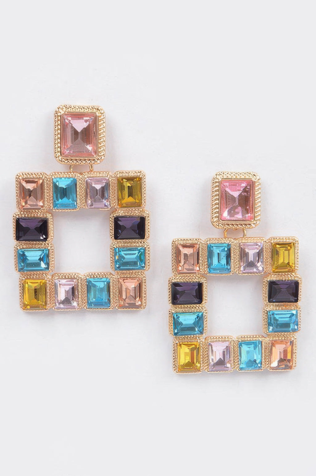 Pastel multicolor square rhinestone earrings, gold-tone frames, open square center