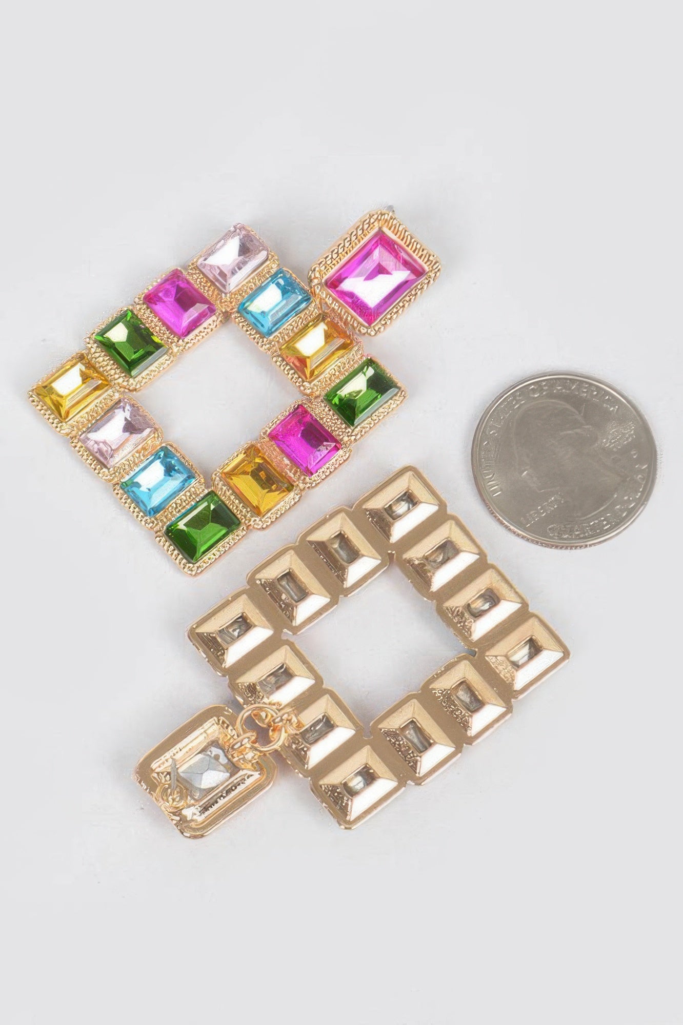 Bright multicolor square rhinestone earrings with gold-tone bezels, open square center