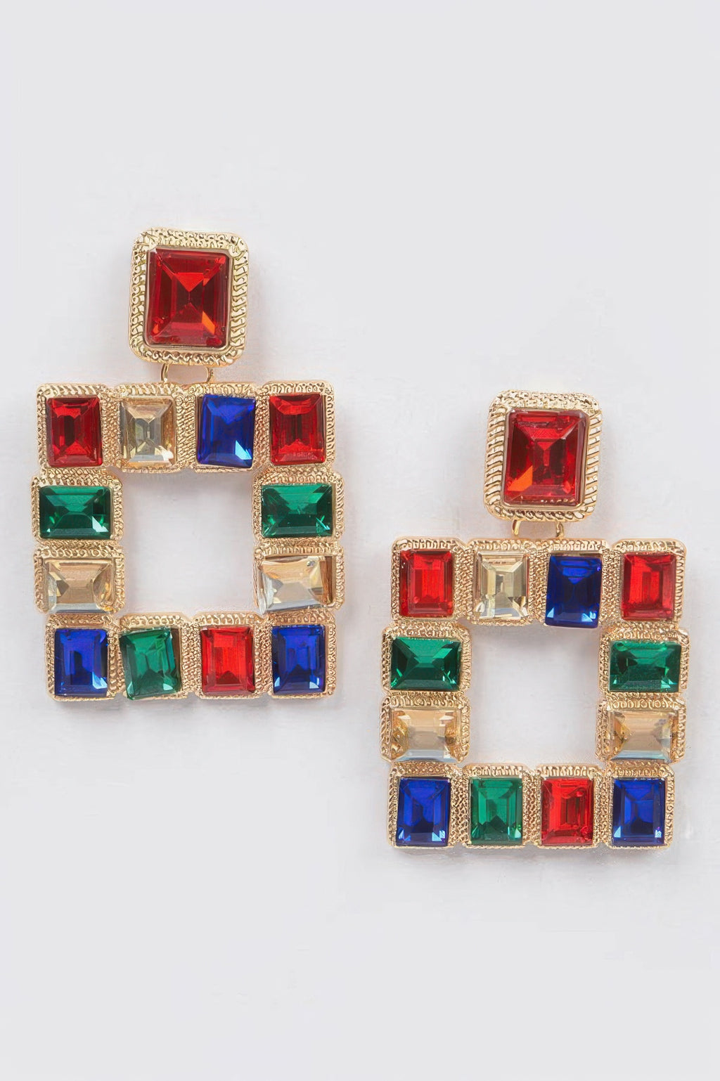 Square rhinestone earrings, multicolor stones with gold-tone square settings
