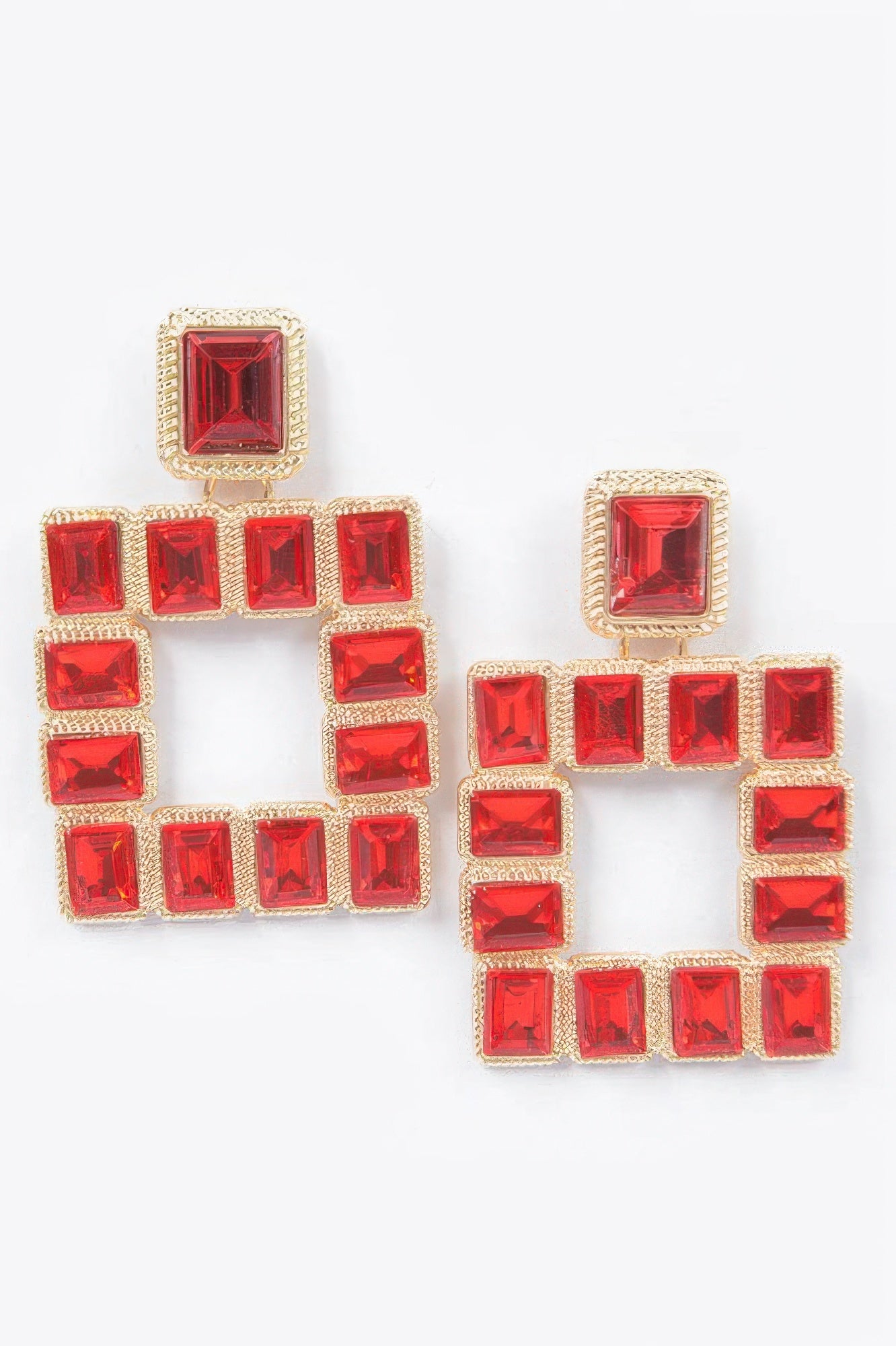 Square rhinestone earrings, red stones with gold-tone square settings