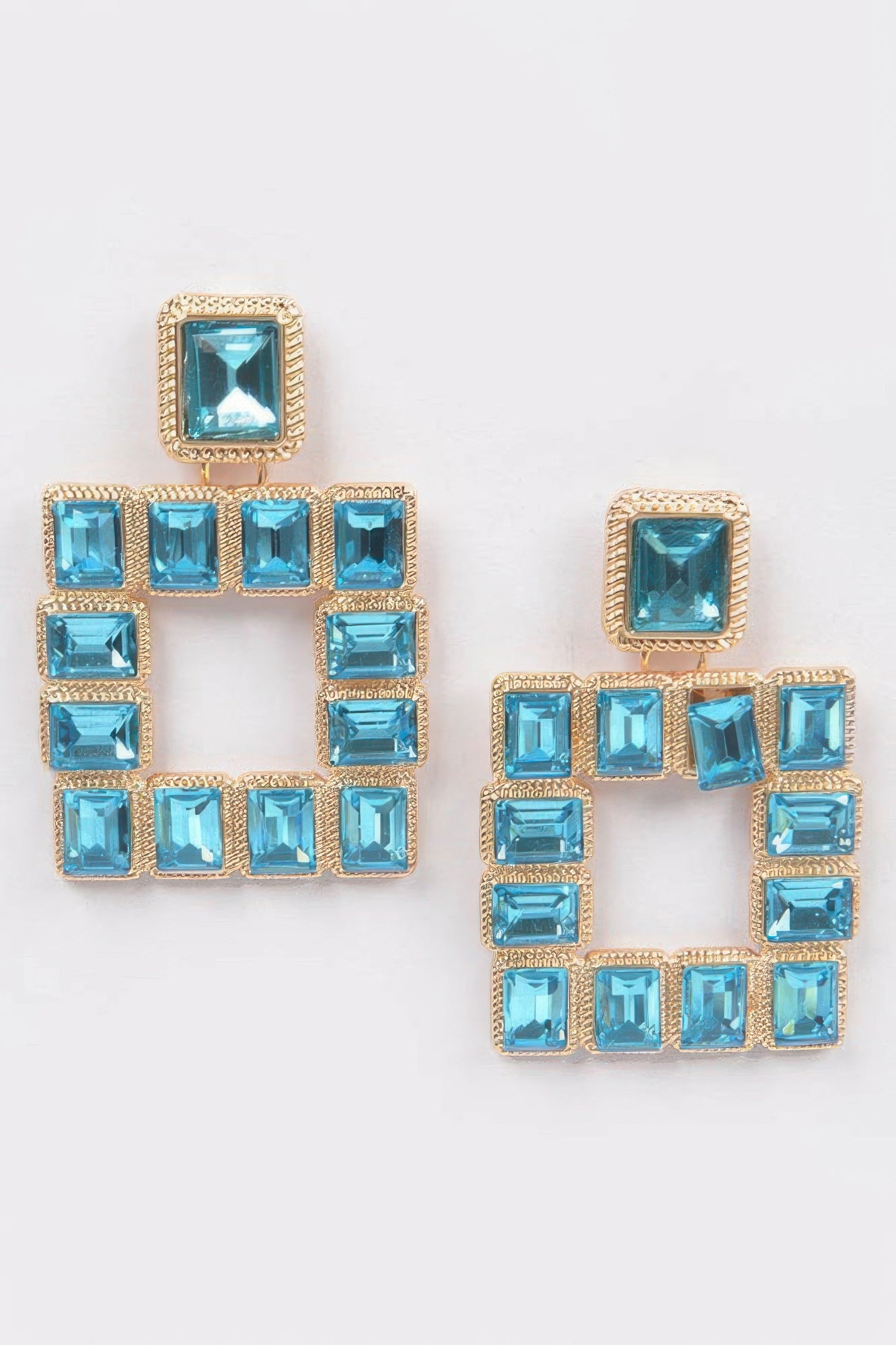 Square rhinestone earrings, turquoise stones with gold-tone square settings