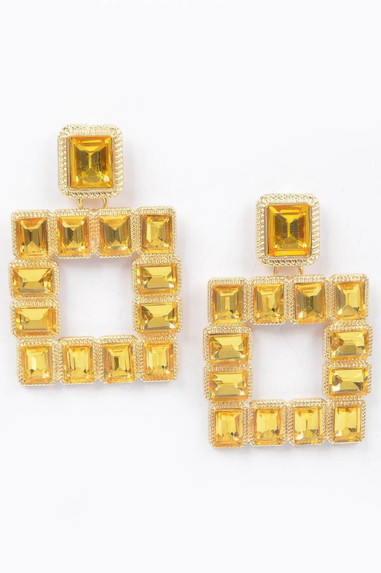 Square rhinestone earrings, yellow stones with gold-tone square settings