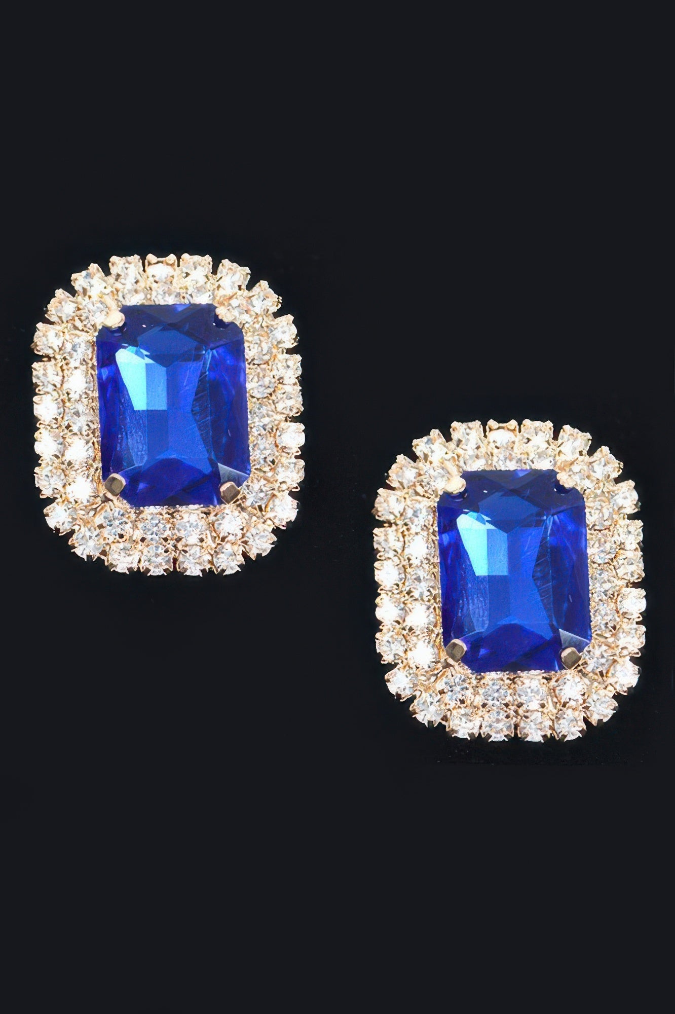 Rhinestone stud earrings with cobalt-blue square crystal surrounded by silver-tone stones