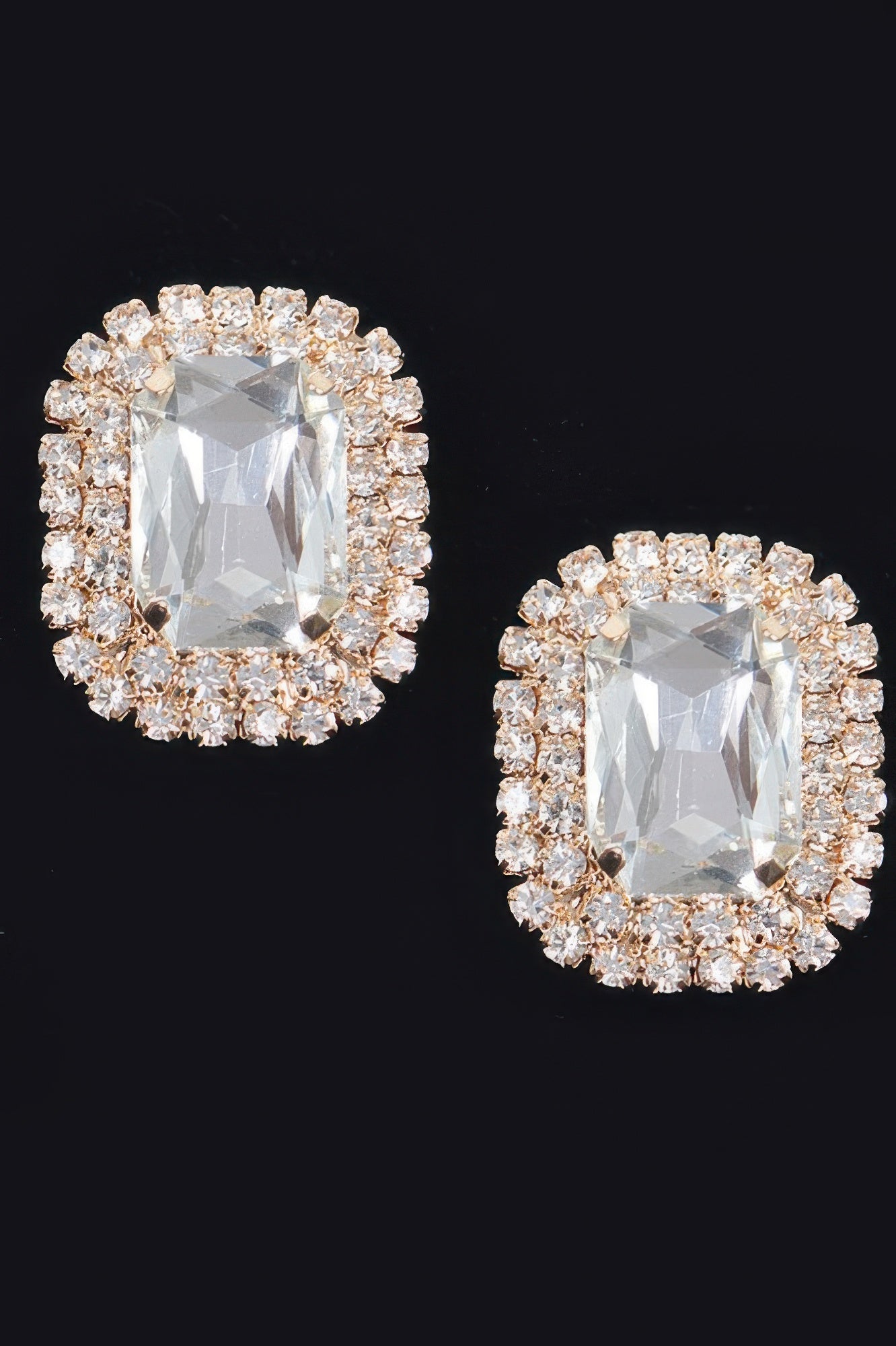 Rhinestone stud earrings with clear/white square crystal and bright silver-tone rhinestone halo