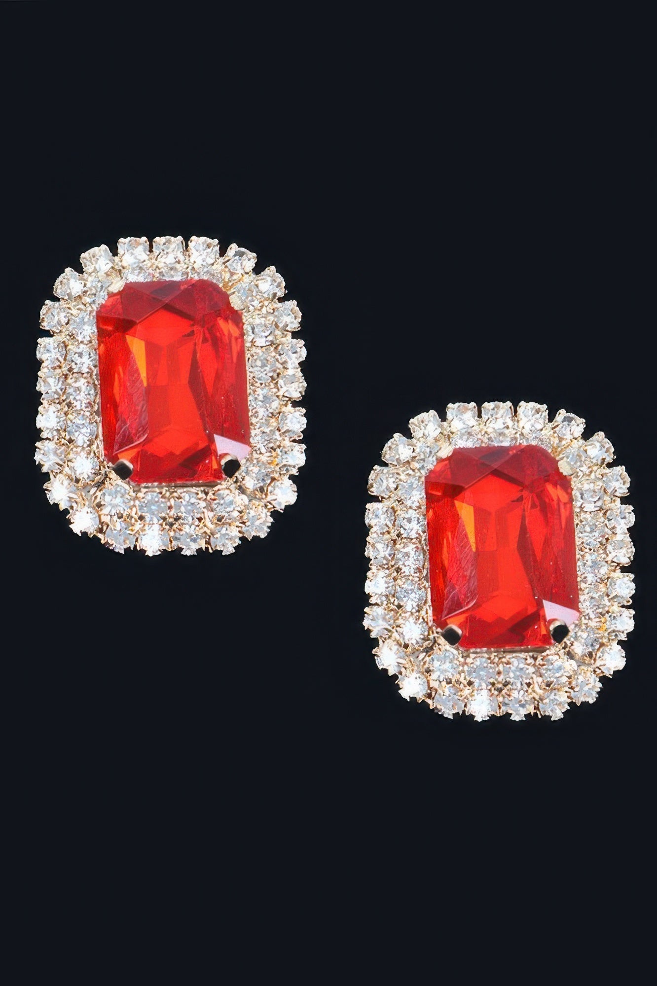 Rhinestone stud earrings with red square crystal center and silver-tone rhinestone halo
