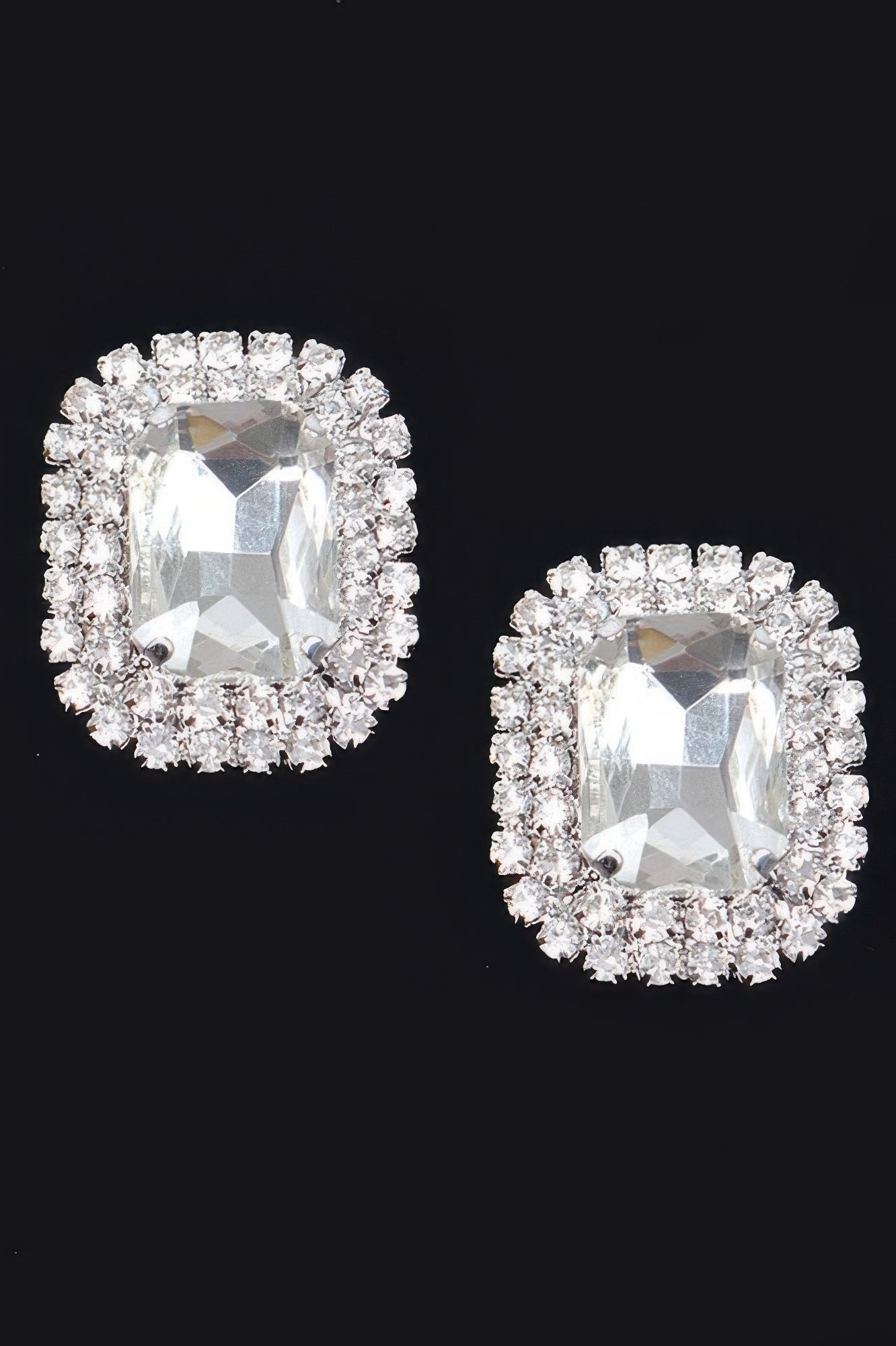 Rhinestone stud earrings with clear white square-cut crystal framed by silver-tone rhinestones