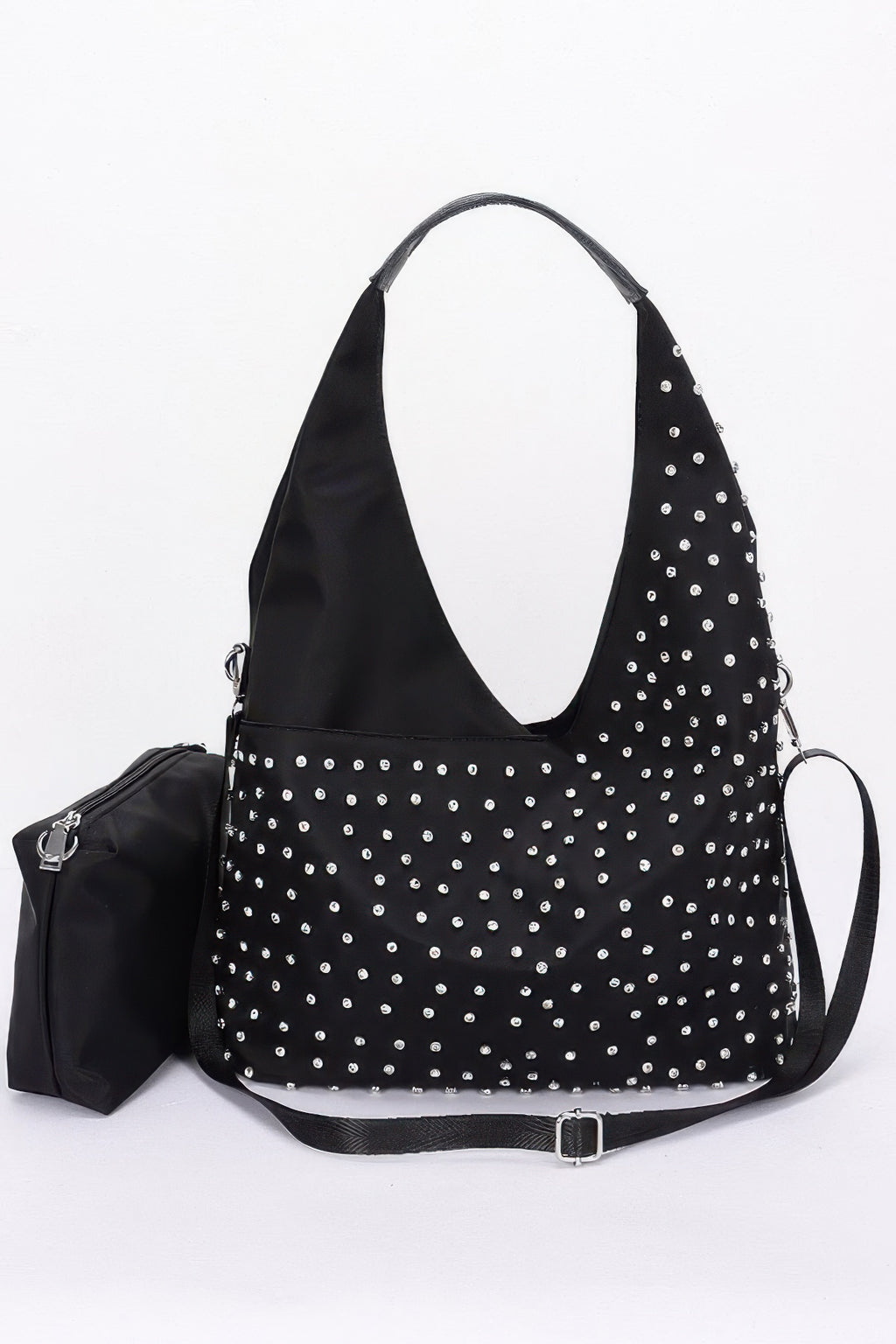 Black rhinestone-studded bindle bag with oval cutout, shoulder straps, and crossbody strap