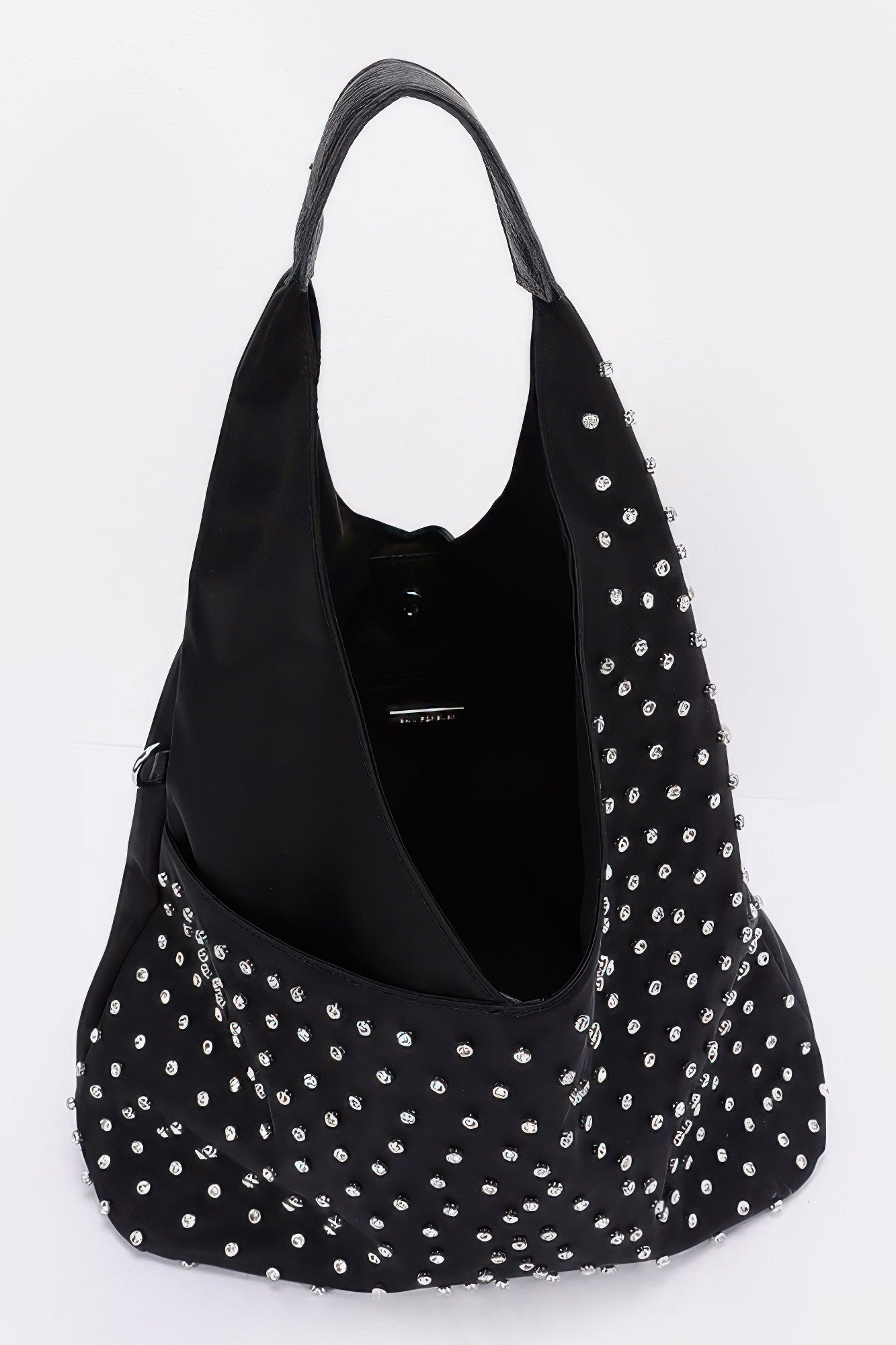 Black studded shoulder bag with open interior, curved top, and rhinestones on side panel