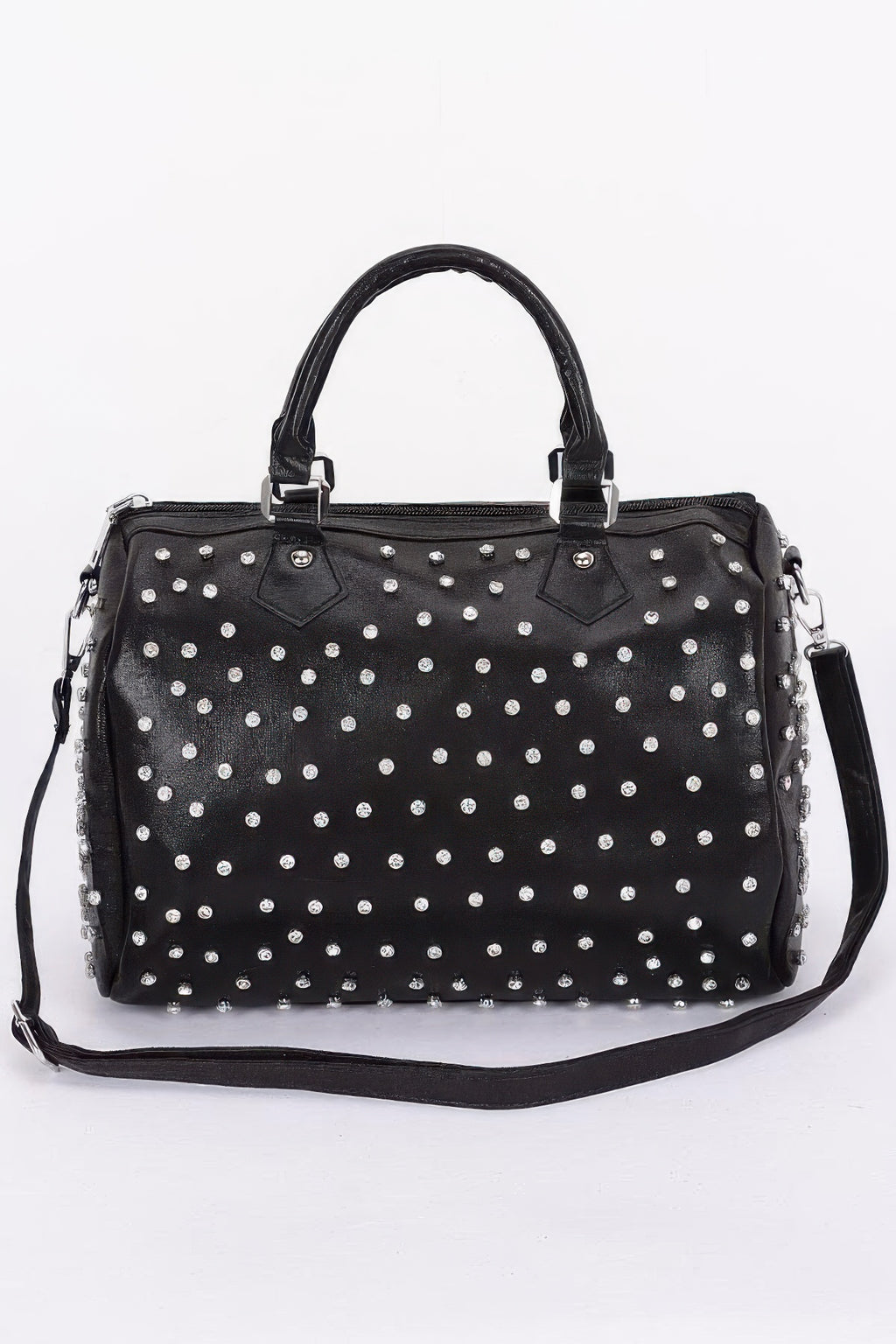 Rhinestone-studded bowling bag in black with silver dot accents and top handles