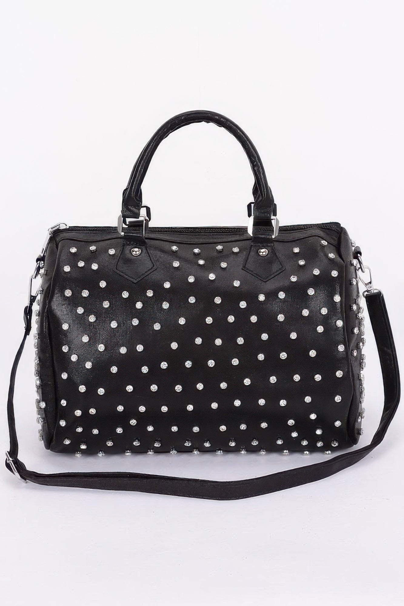 Rhinestone-studded bowling bag in black with silver dot accents and top handles