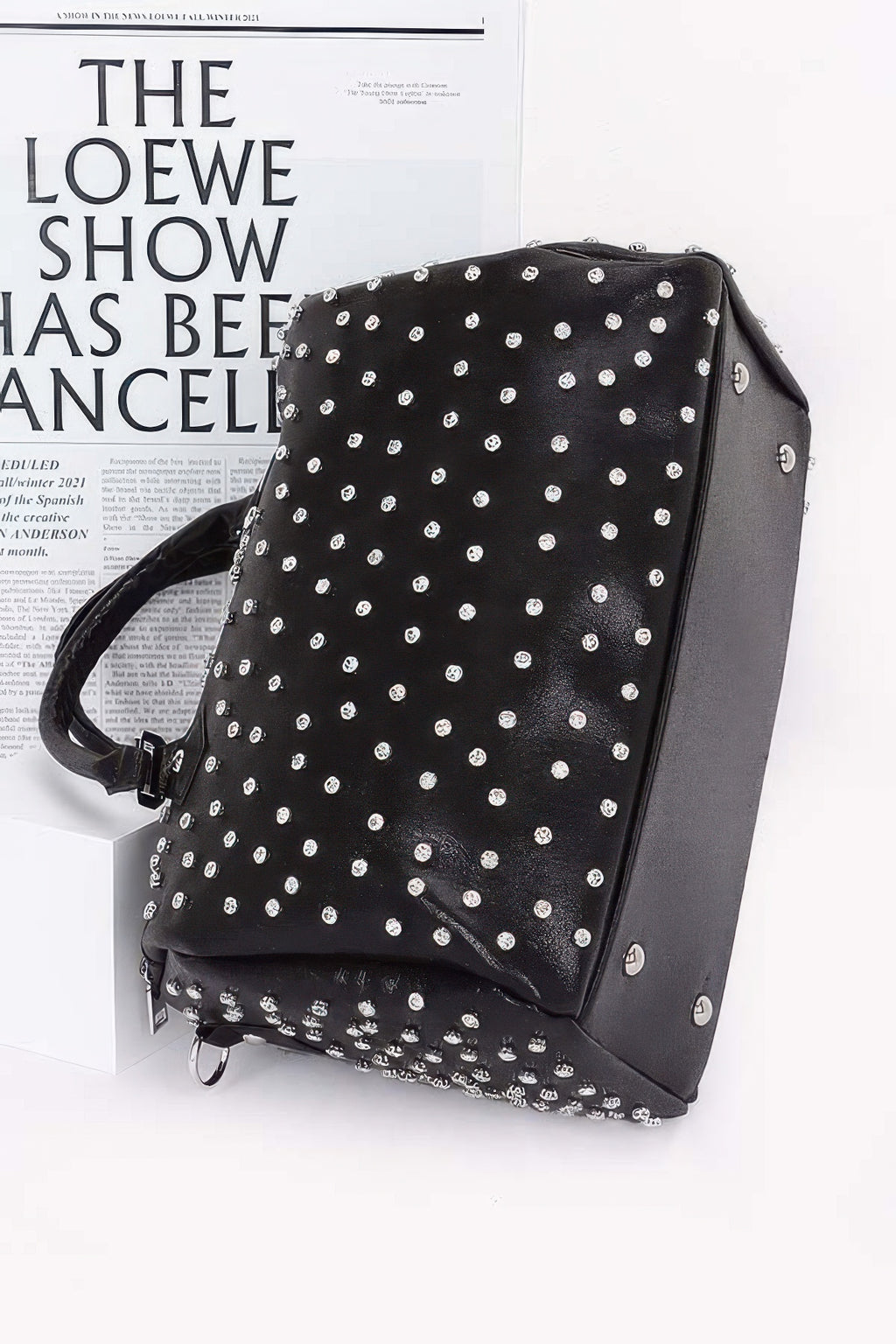 Black rhinestone-studded bowling bag back view with shoulder strap