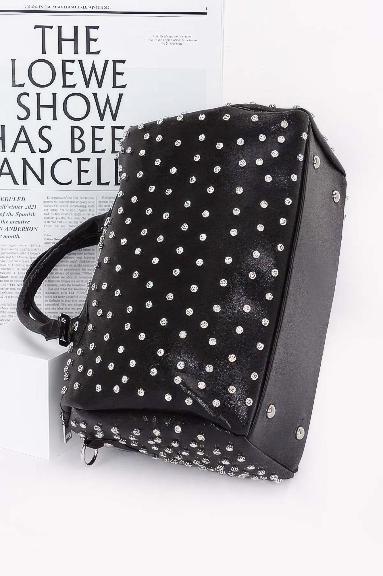 Black rhinestone-studded bowling bag back view with shoulder strap