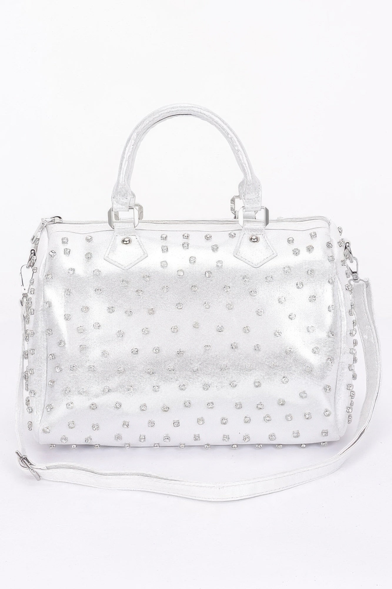 White rhinestone-studded bowling bag with silver dot accents and crossbody chain strap