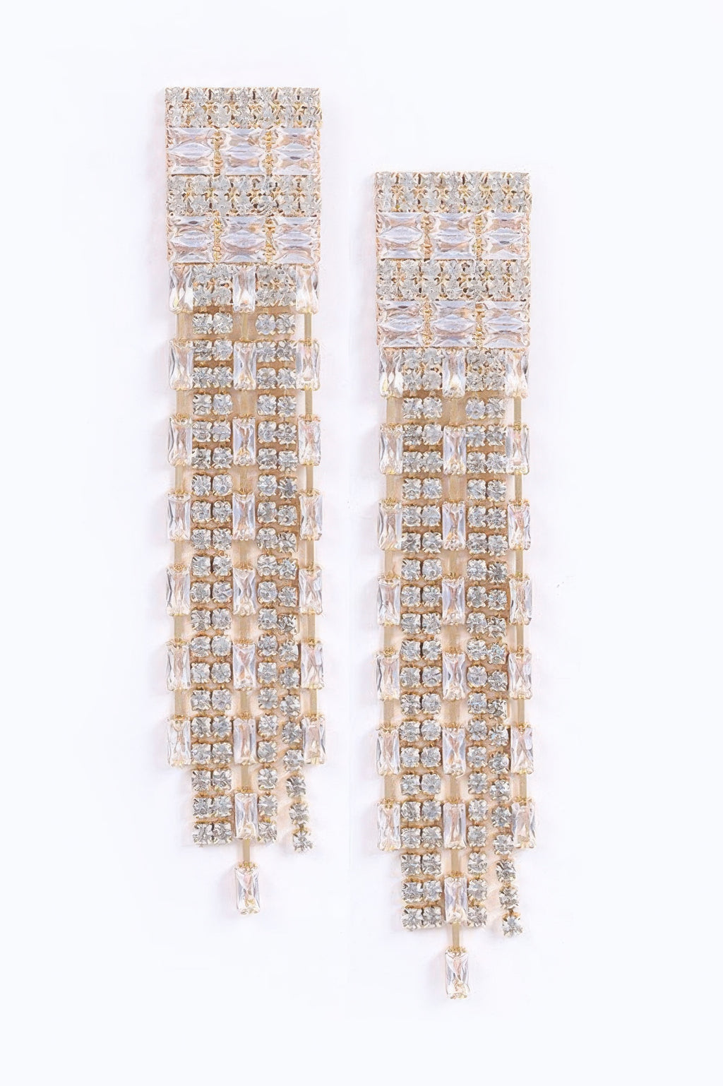 Rhinestone tassel earrings, silver-tone grid with dangling fringe