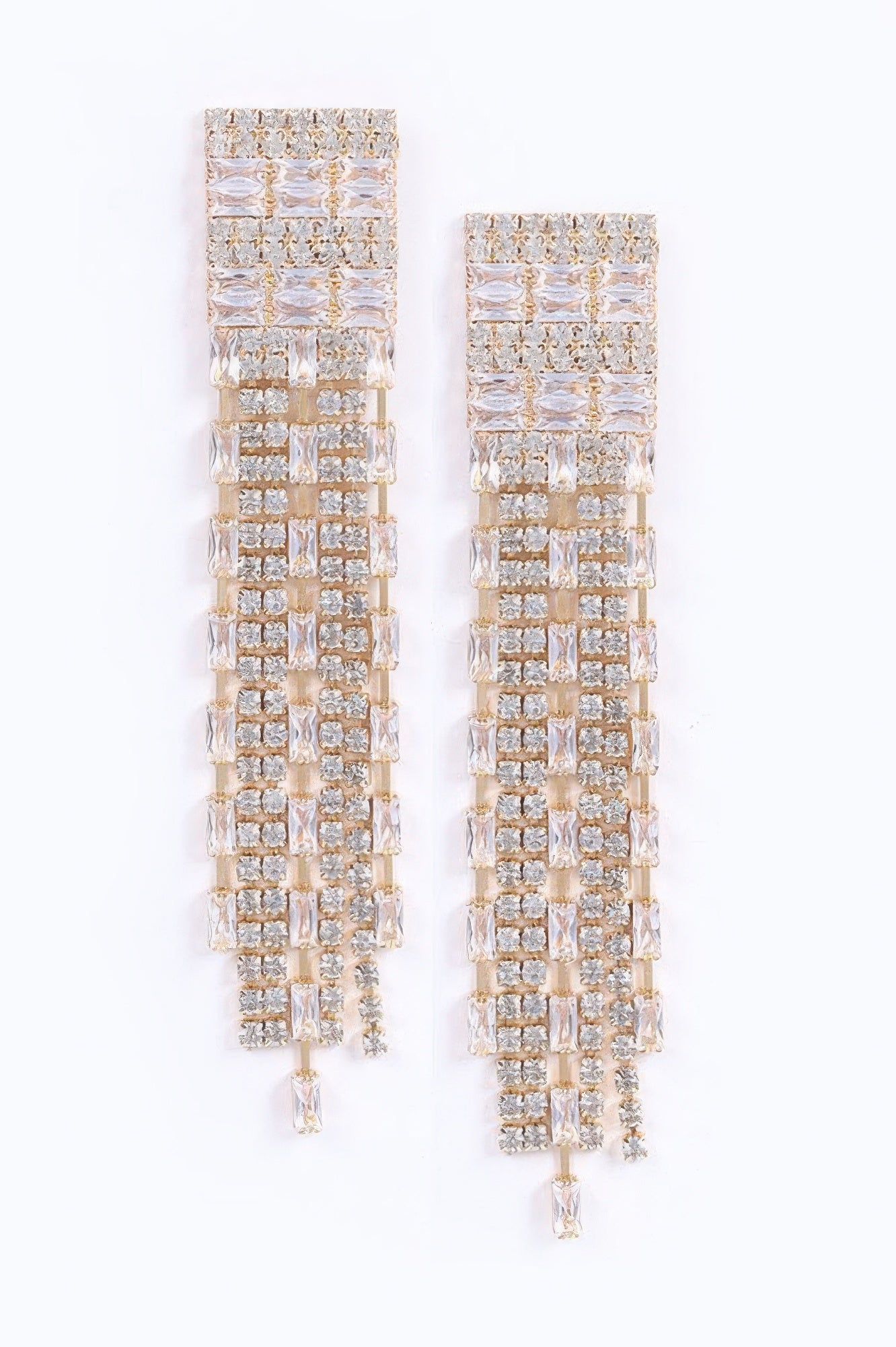 Rhinestone tassel earrings, silver-tone grid with dangling fringe