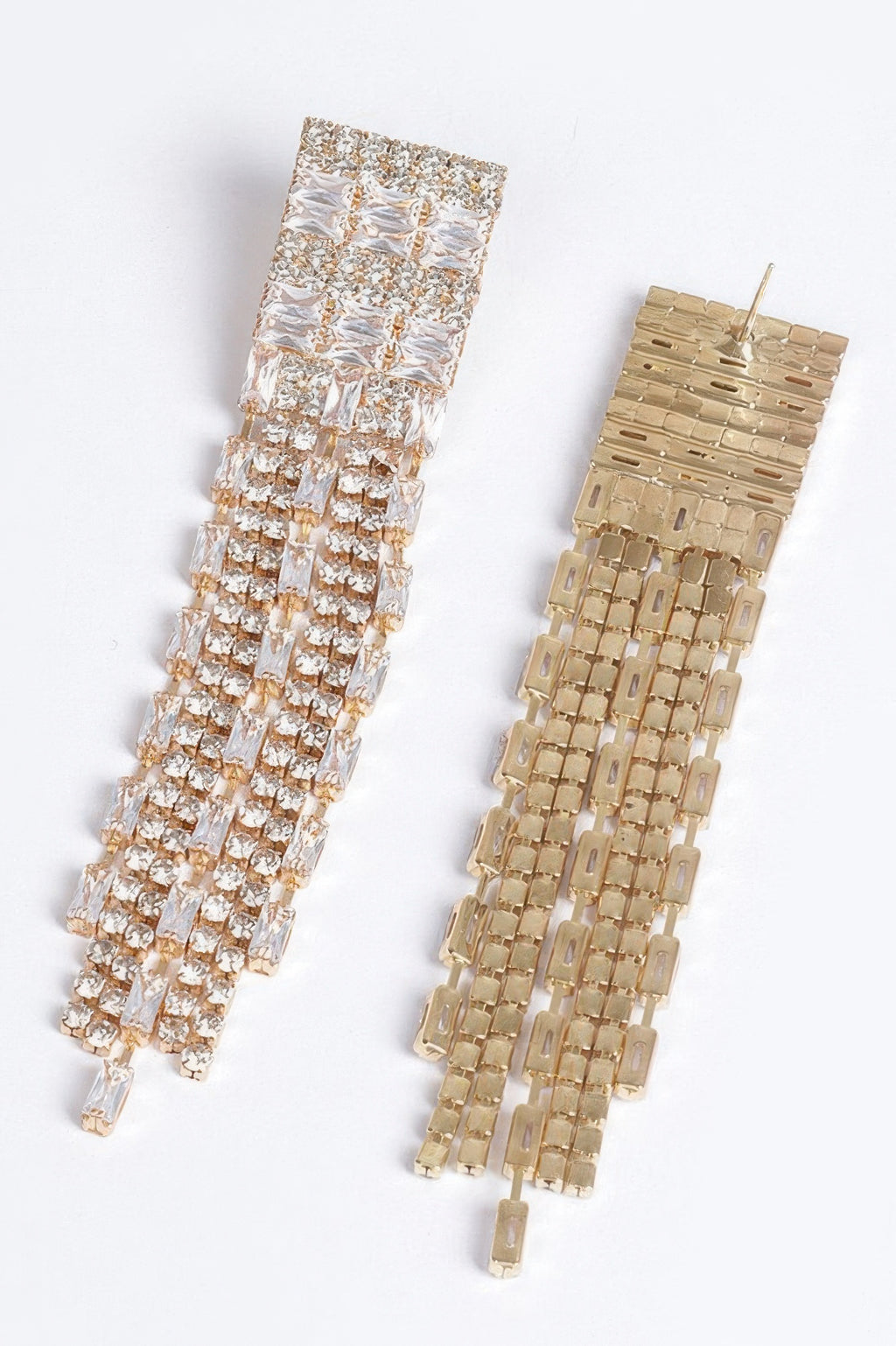 Rhinestone tassel earrings in gold-tone and silver-tone, dangling fringe