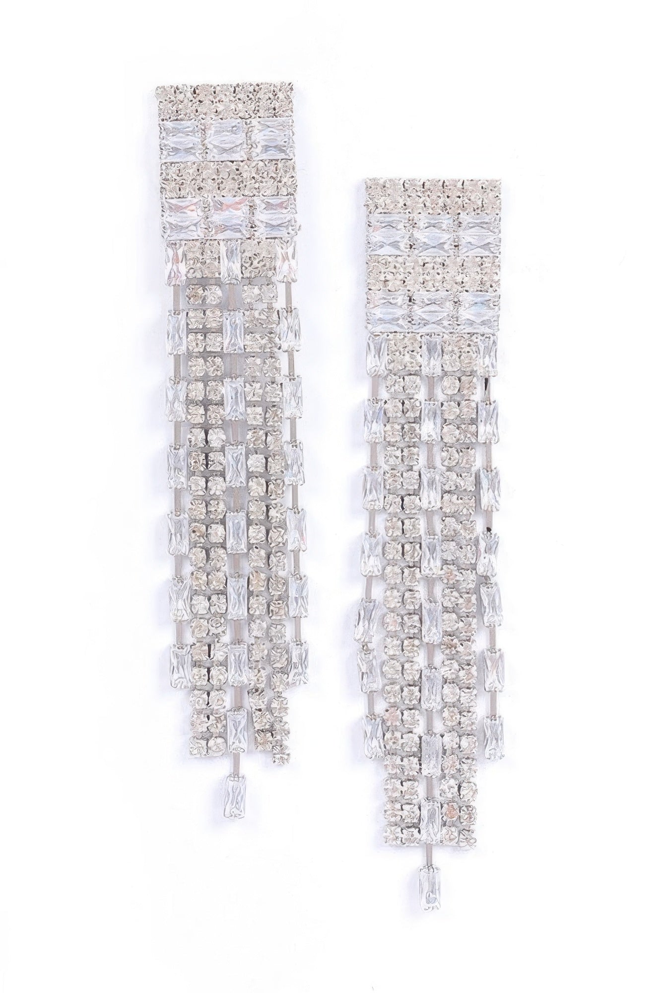 Rhinestone tassel earrings, silver-tone with long rhinestone fringe drops