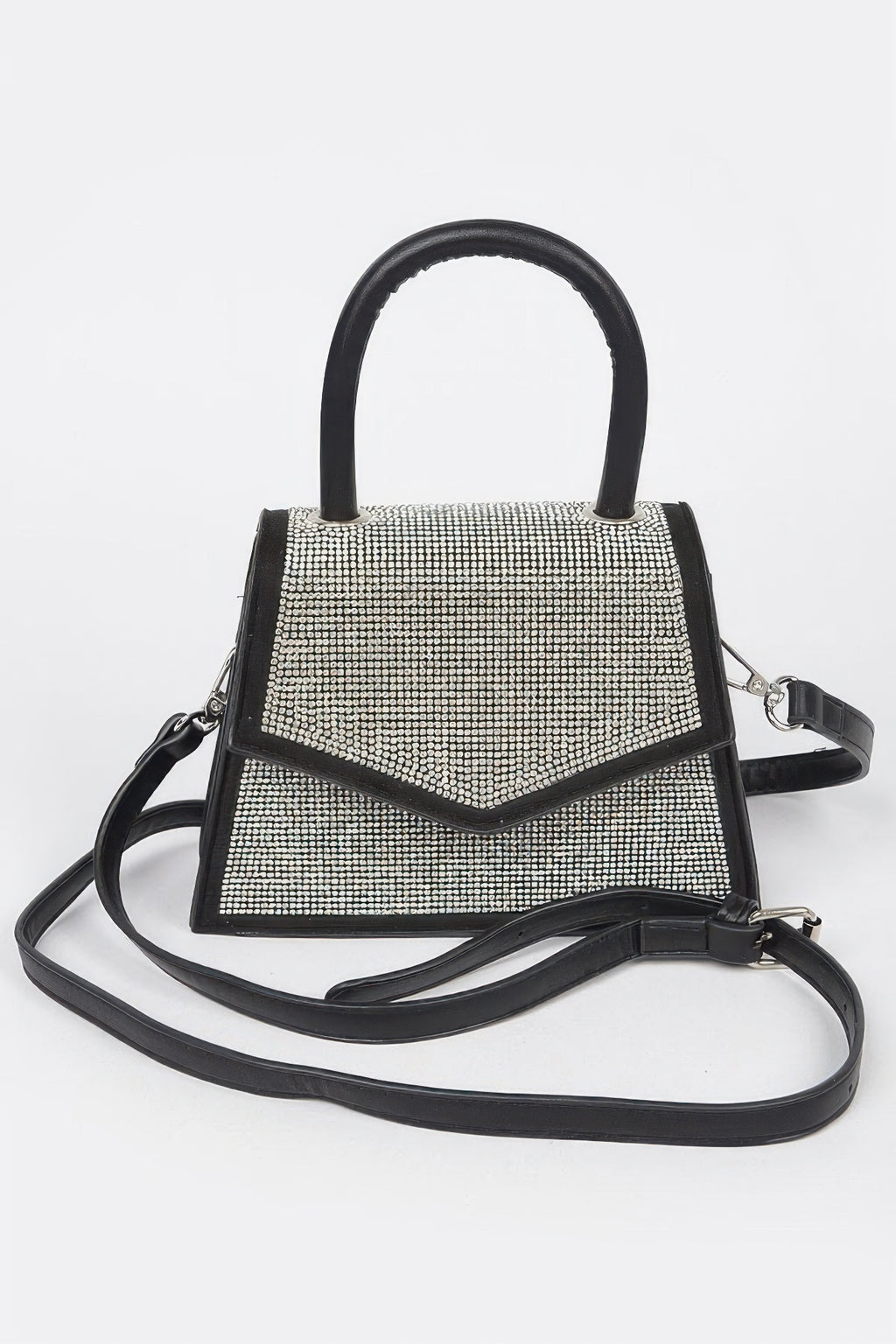 Rhinestone top-handle crossbody bag in black with silver sparkle front and shoulder strap