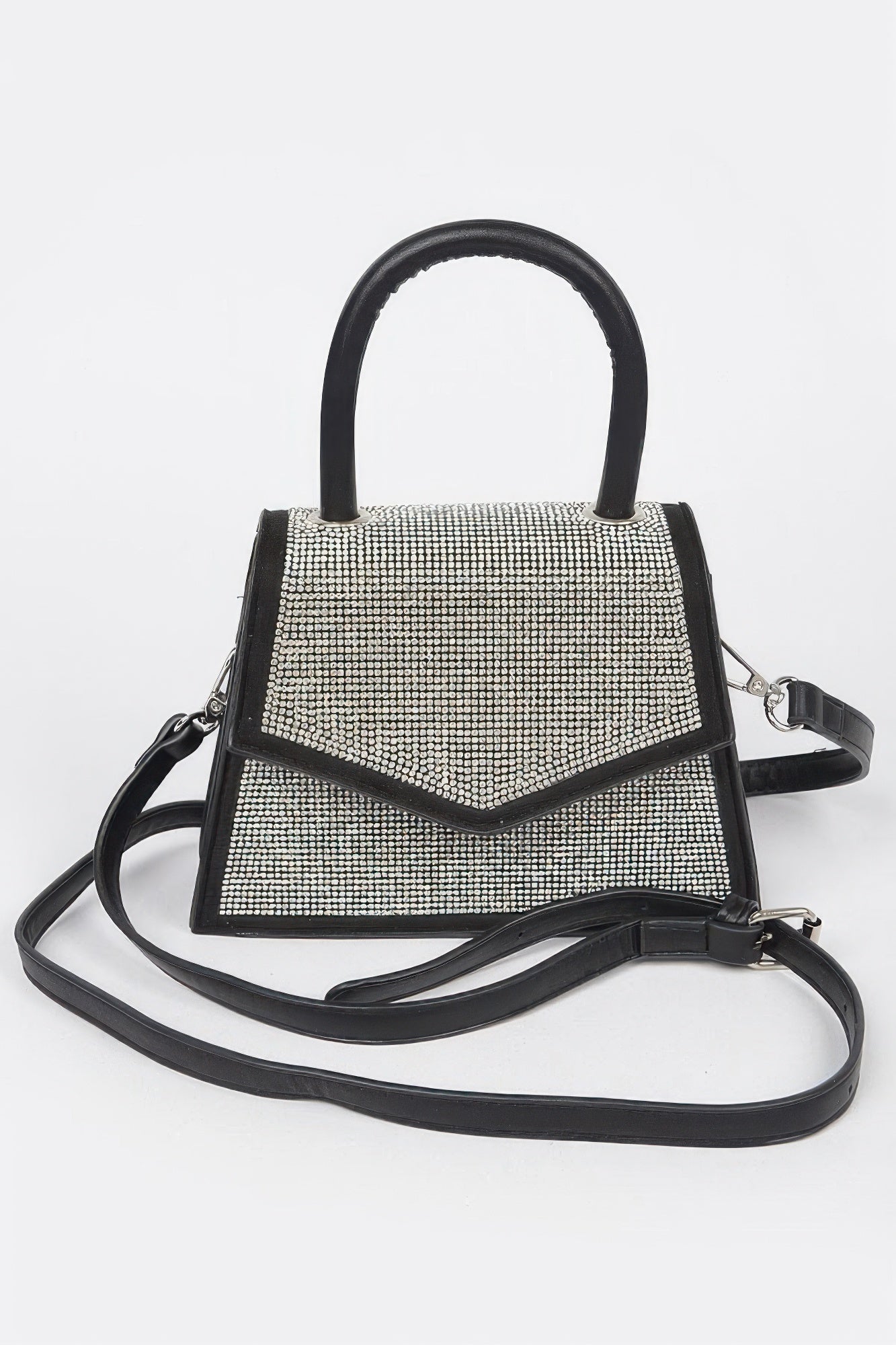 Rhinestone top-handle crossbody bag in black with silver sparkle front and shoulder strap