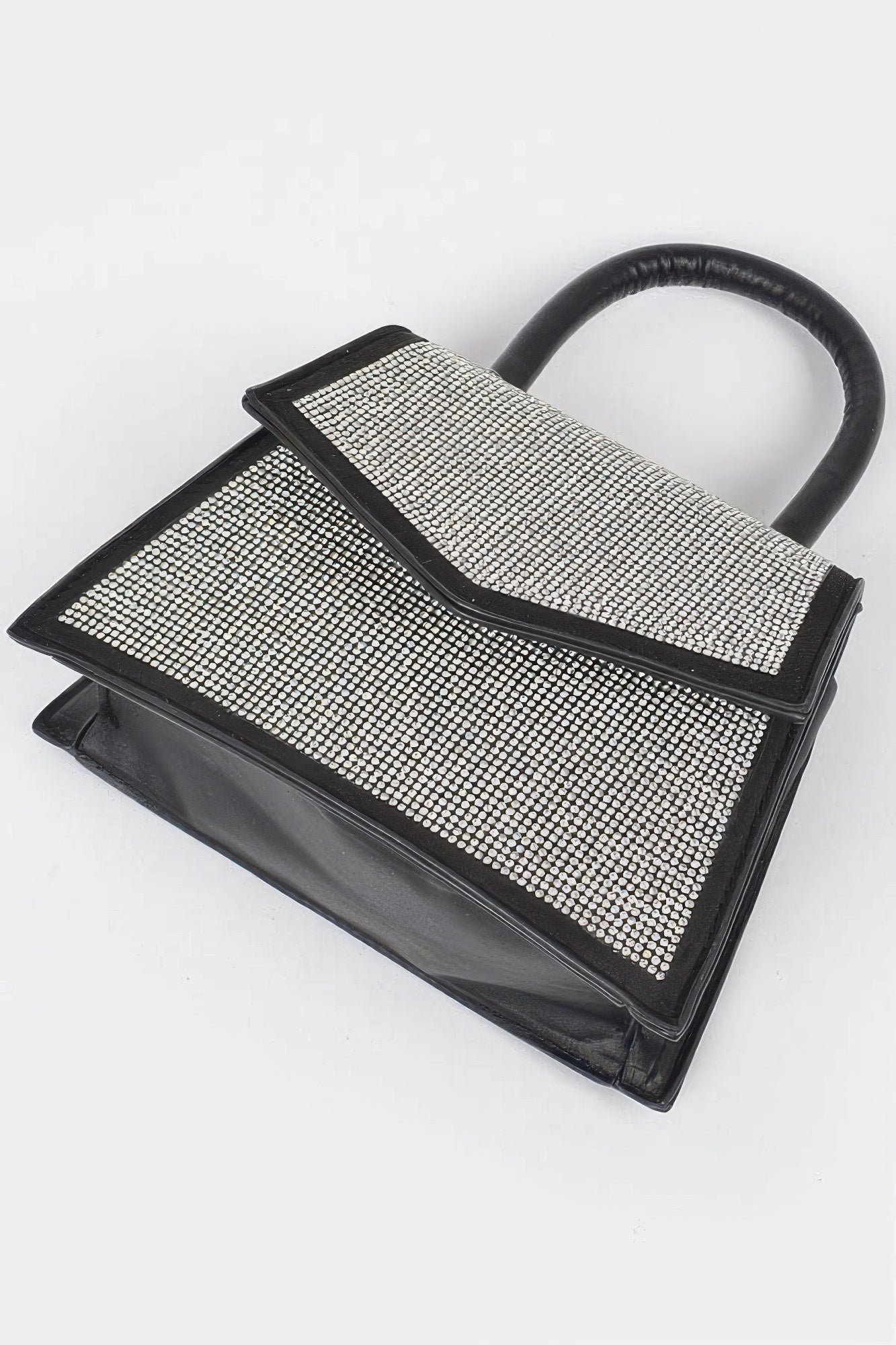 Rhinestone top-handle crossbody bag with geometric sparkly front and black trim