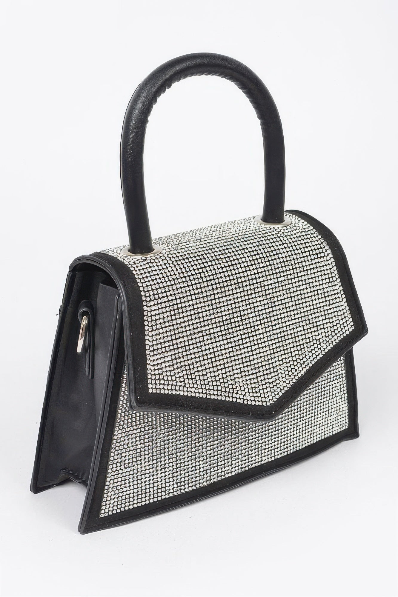 Rhinestone top-handle crossbody bag with black handle and side clasp detail