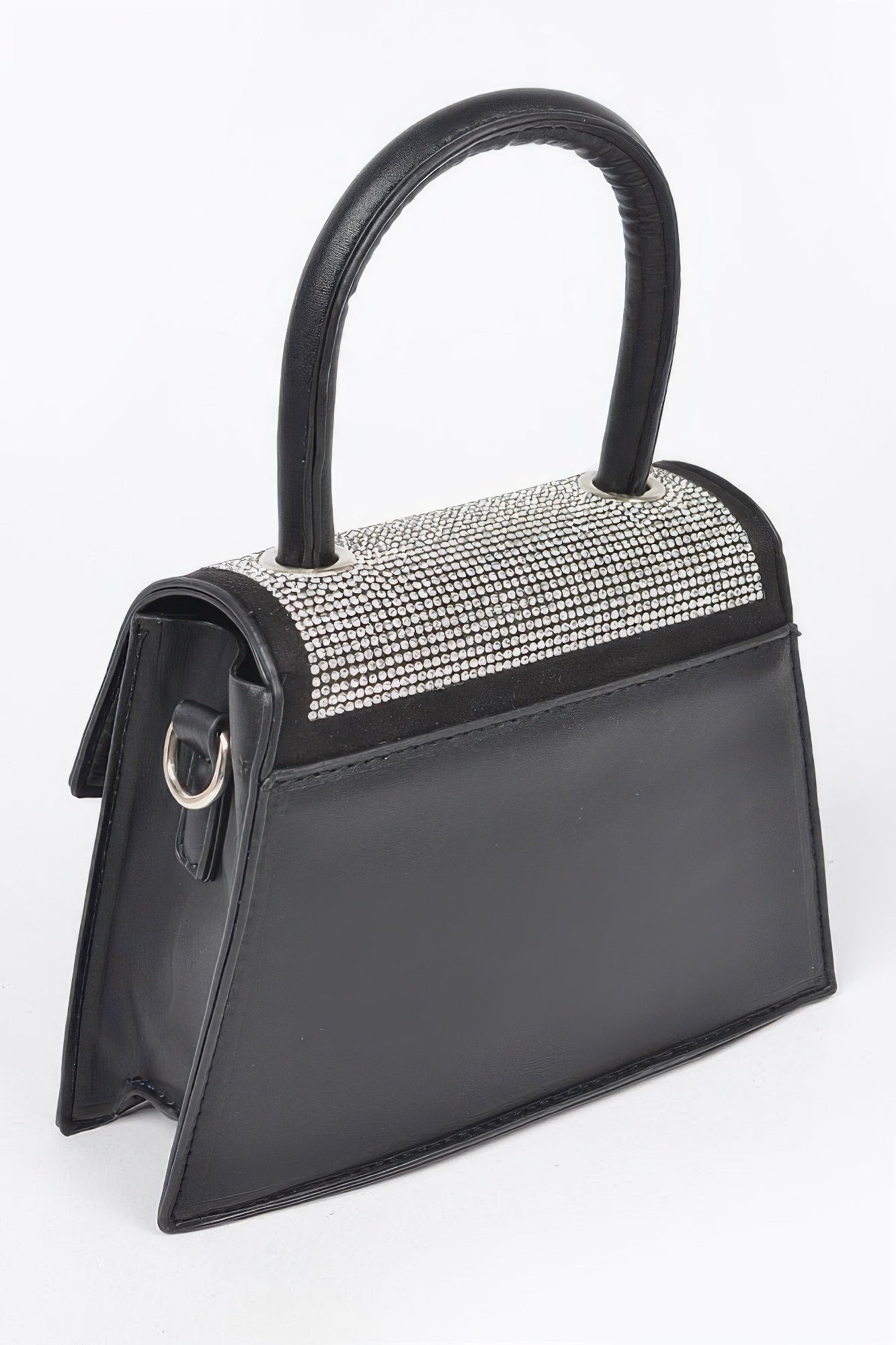 Black crossbody bag with rhinestone top panel, black top handle, and side strap loop