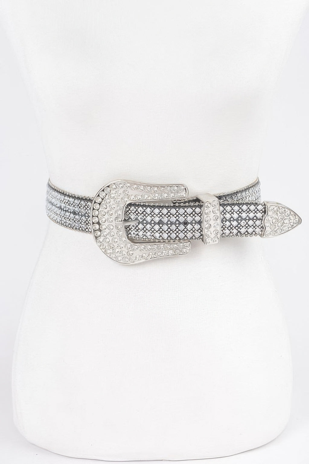 Rhinestone western belt: clear stones, silver buckle, plus-size fit