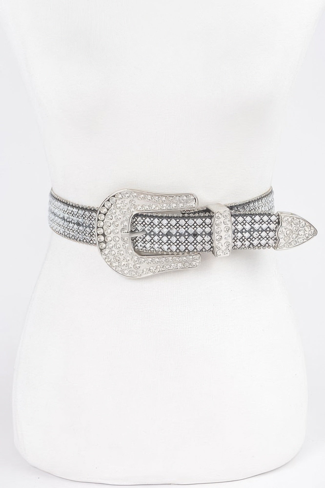 Rhinestone western belt: clear stones, silver buckle, plus-size fit