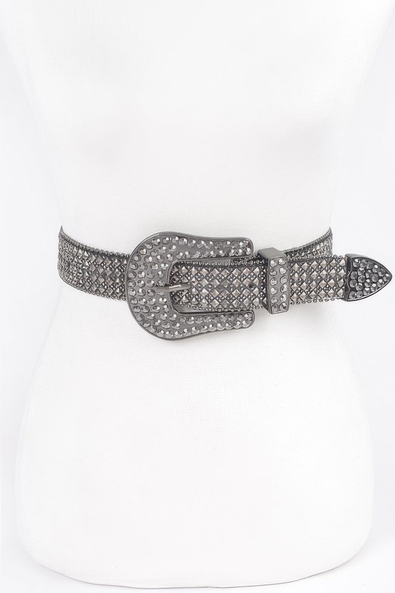 Rhinestone western belt: hematite stones, dark buckle, plus-size fit