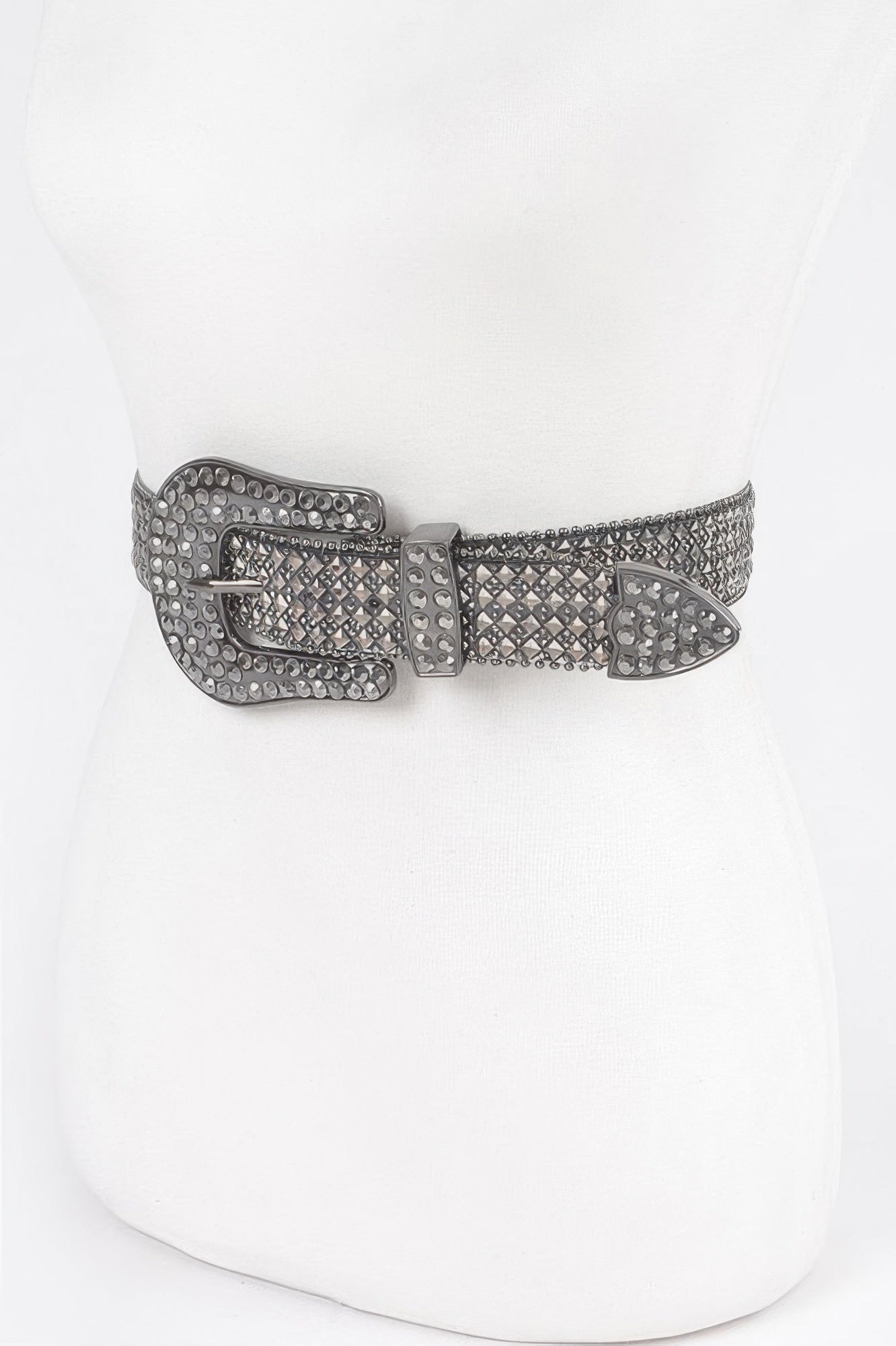 Rhinestone western belt front: square buckle, dark-silver stones