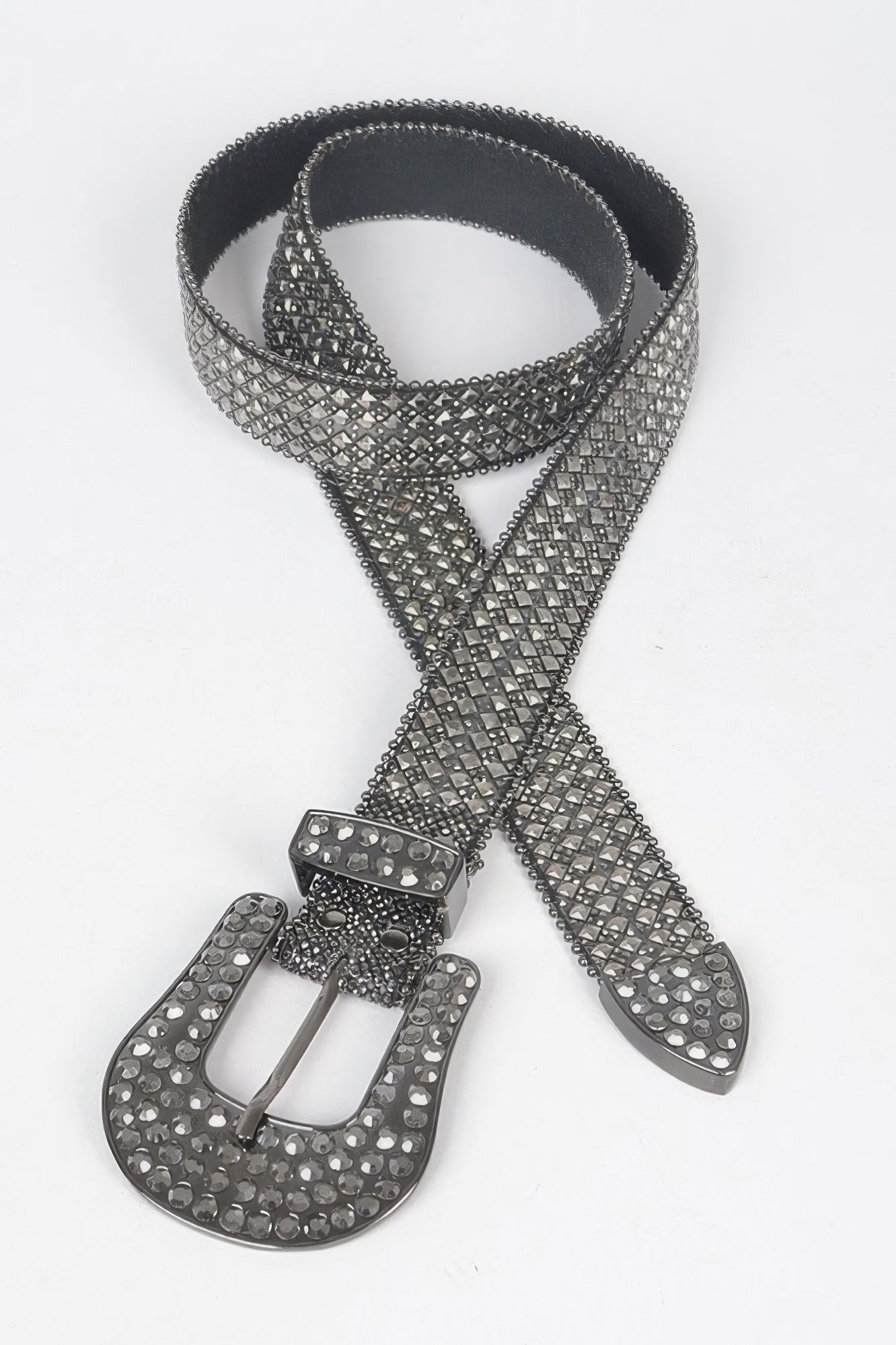 Rhinestone western belt with long tails and ornate buckle, dark hematite